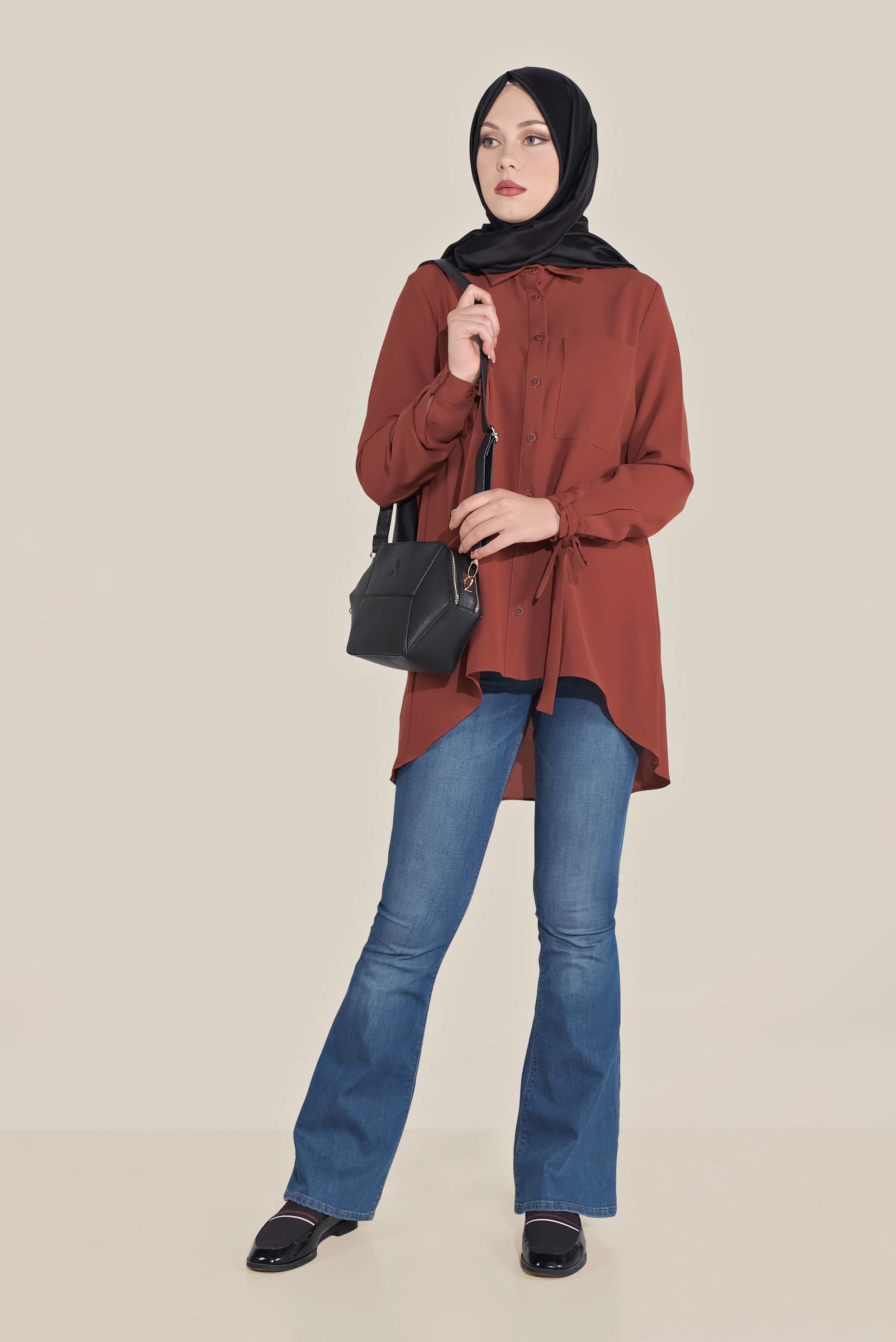 Tesettür giyim BORDO MANŞETLERİ BAĞLI DÜĞMELİ  BLUZ 40718 