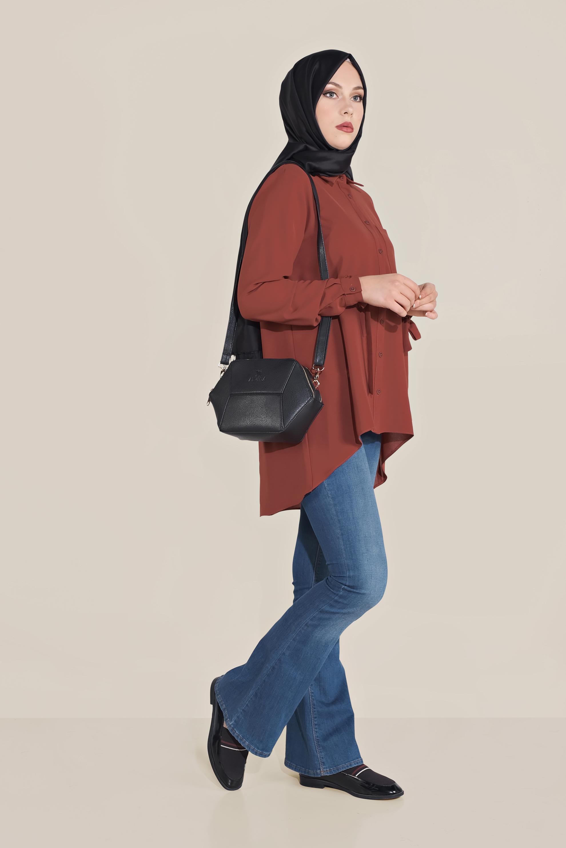 Tesettür giyim BORDO MANŞETLERİ BAĞLI DÜĞMELİ  BLUZ 40718 