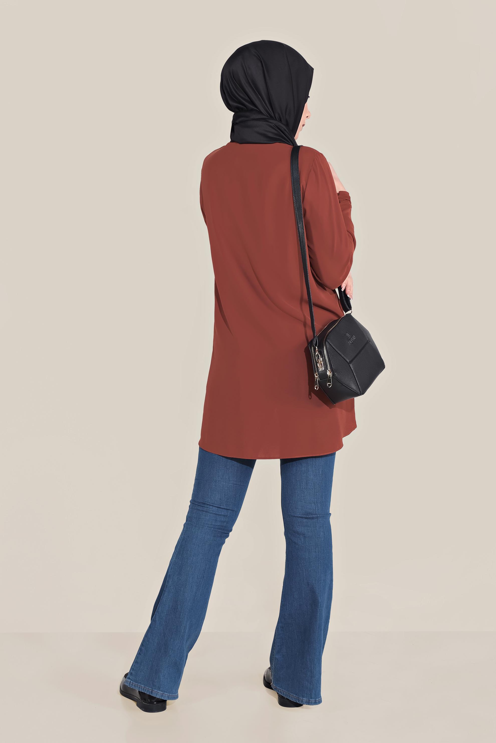 Tesettür giyim BORDO MANŞETLERİ BAĞLI DÜĞMELİ  BLUZ 40718 