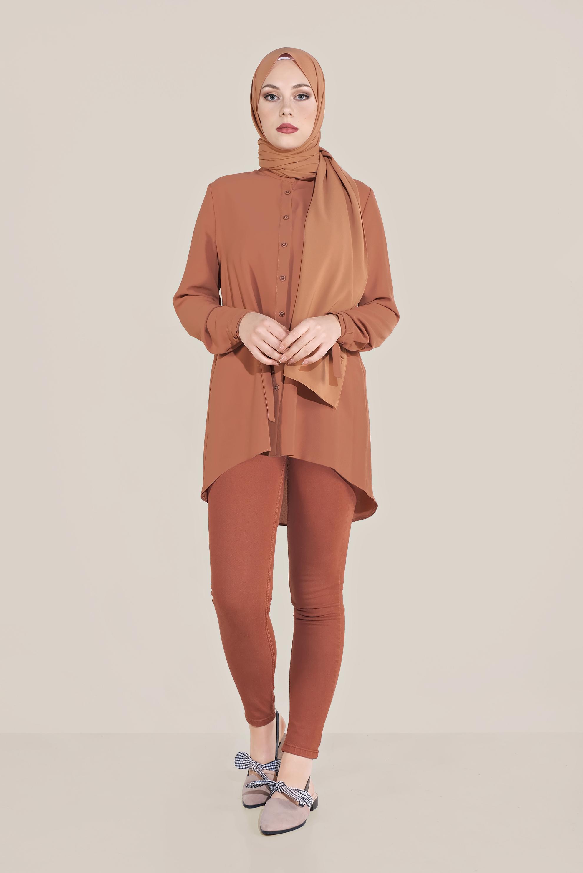 Tesettür giyim TURUNCU MANŞETLERİ BAĞLI DÜĞMELİ  BLUZ 40718 