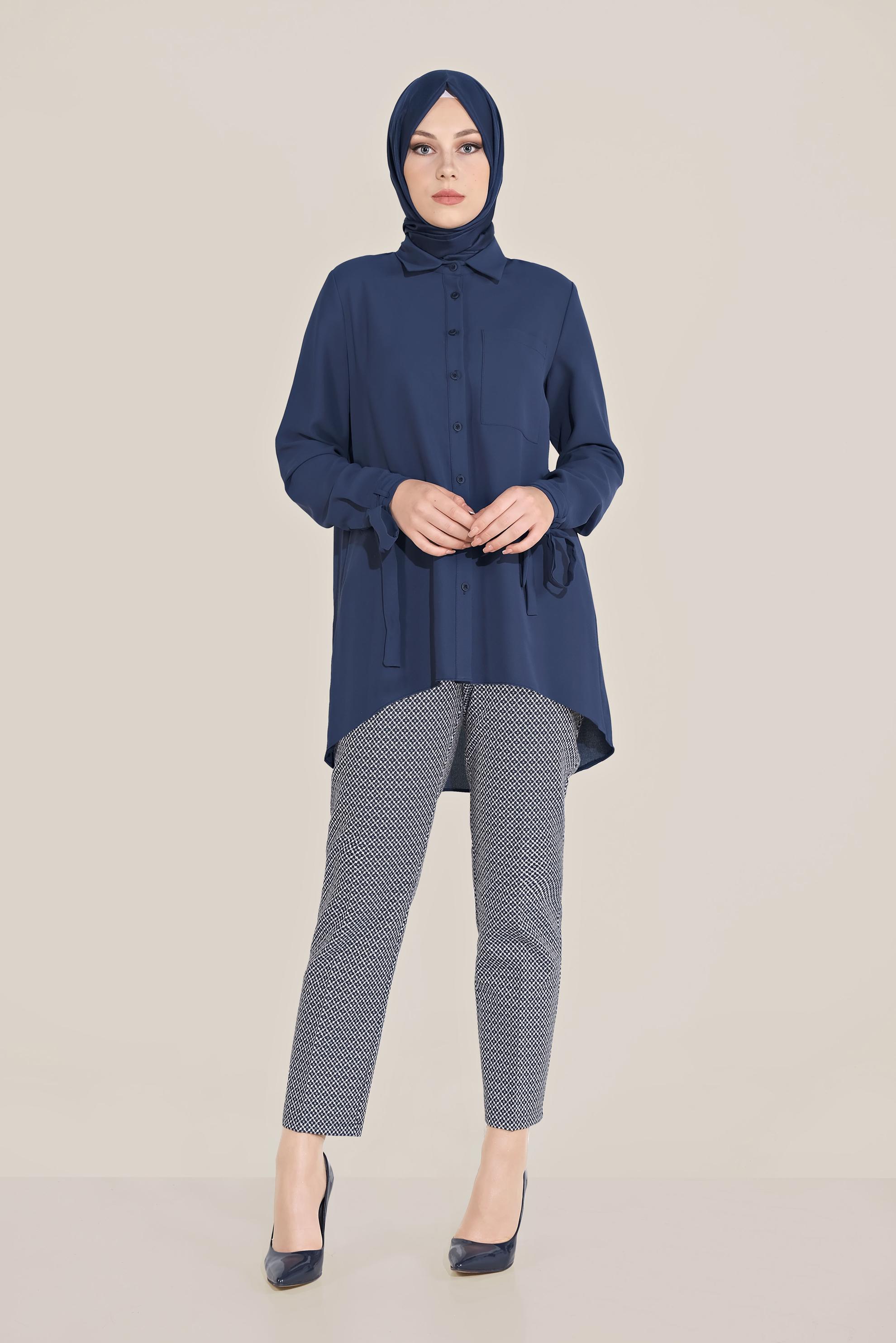 Tesettür giyim LACİVERT MANŞETLERİ BAĞLI DÜĞMELİ  BLUZ 40718 