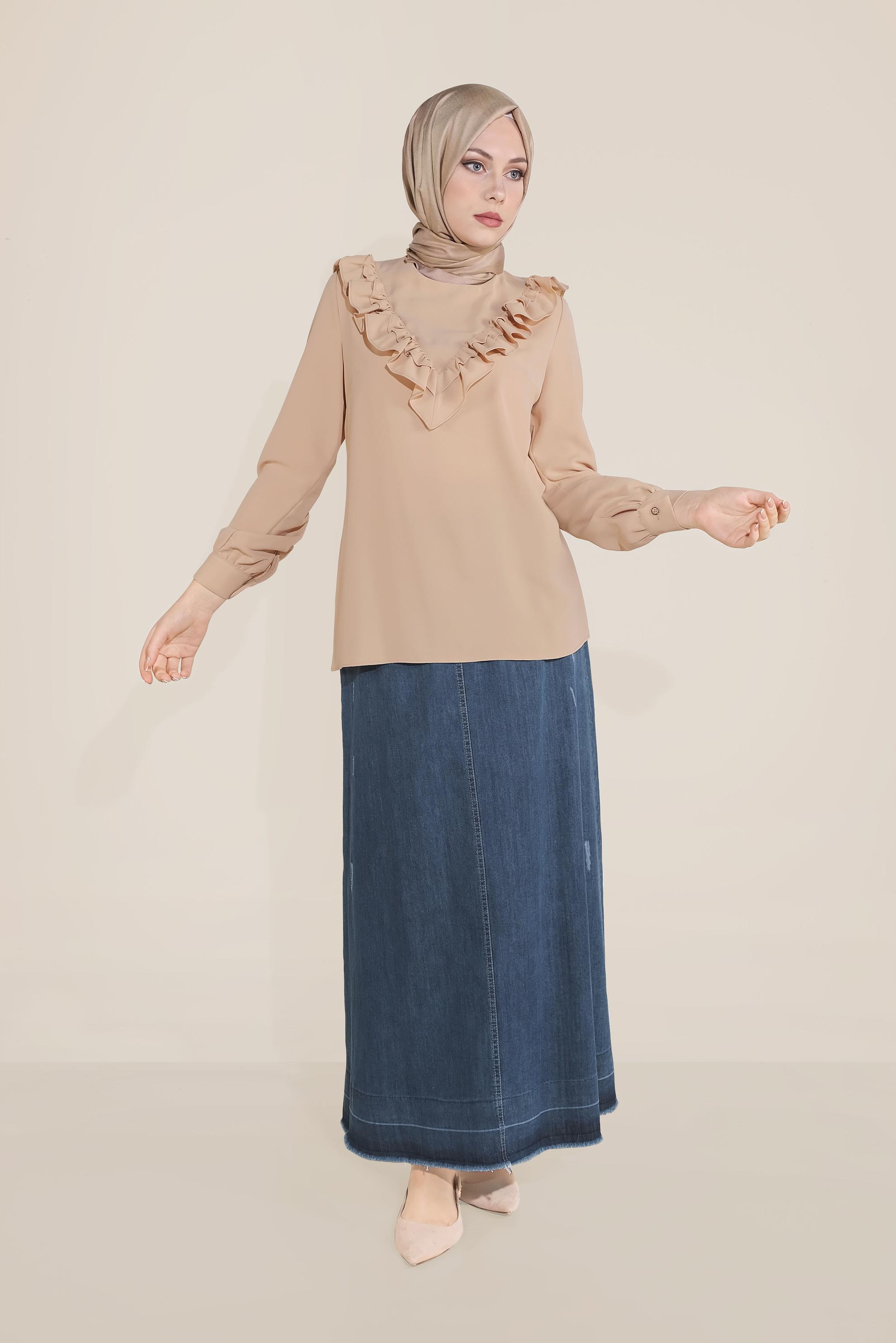 Tesettür giyim BEJ FIRFIR DETAYLI BLUZ 40752