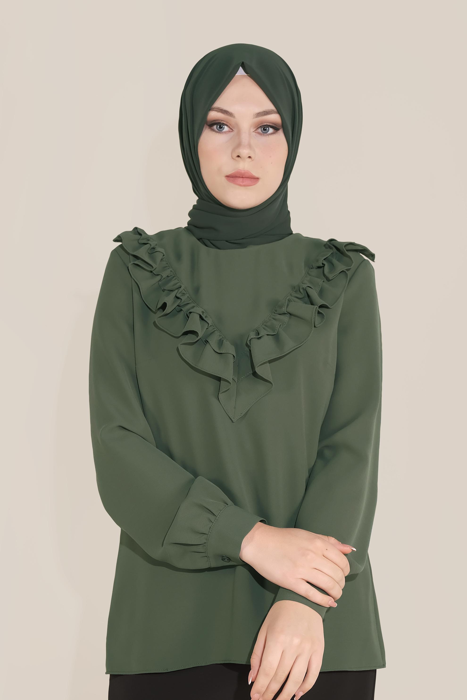 Tesettür giyim HAKİ FIRFIR DETAYLI BLUZ 40752