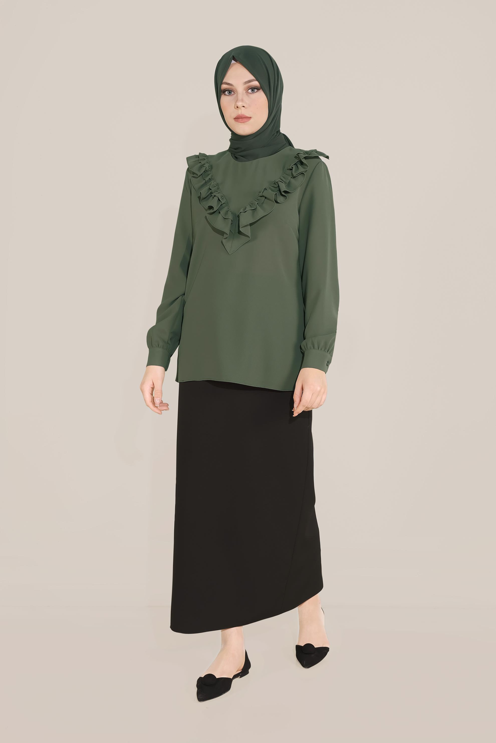 Tesettür giyim HAKİ FIRFIR DETAYLI BLUZ 40752