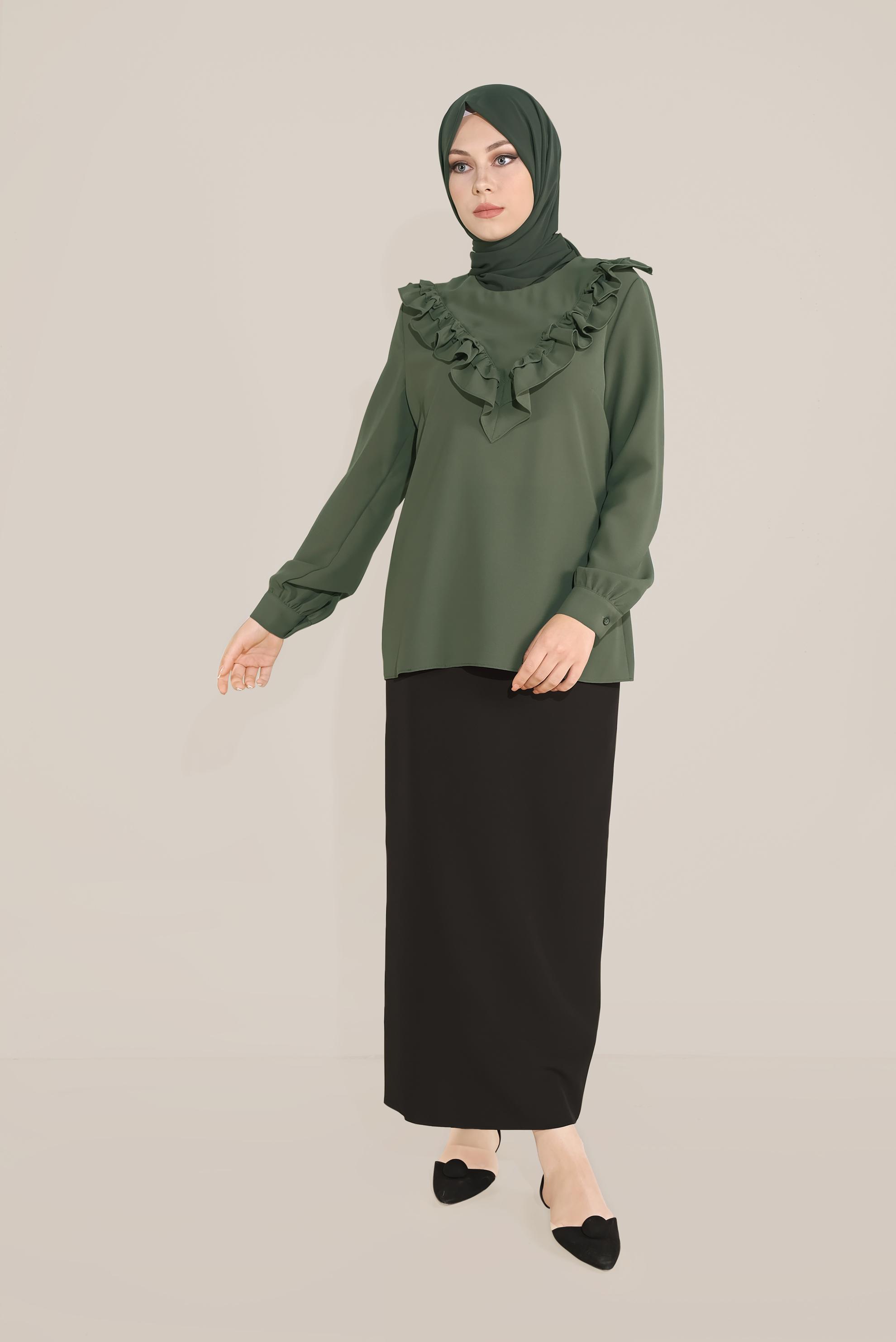 Tesettür giyim HAKİ FIRFIR DETAYLI BLUZ 40752