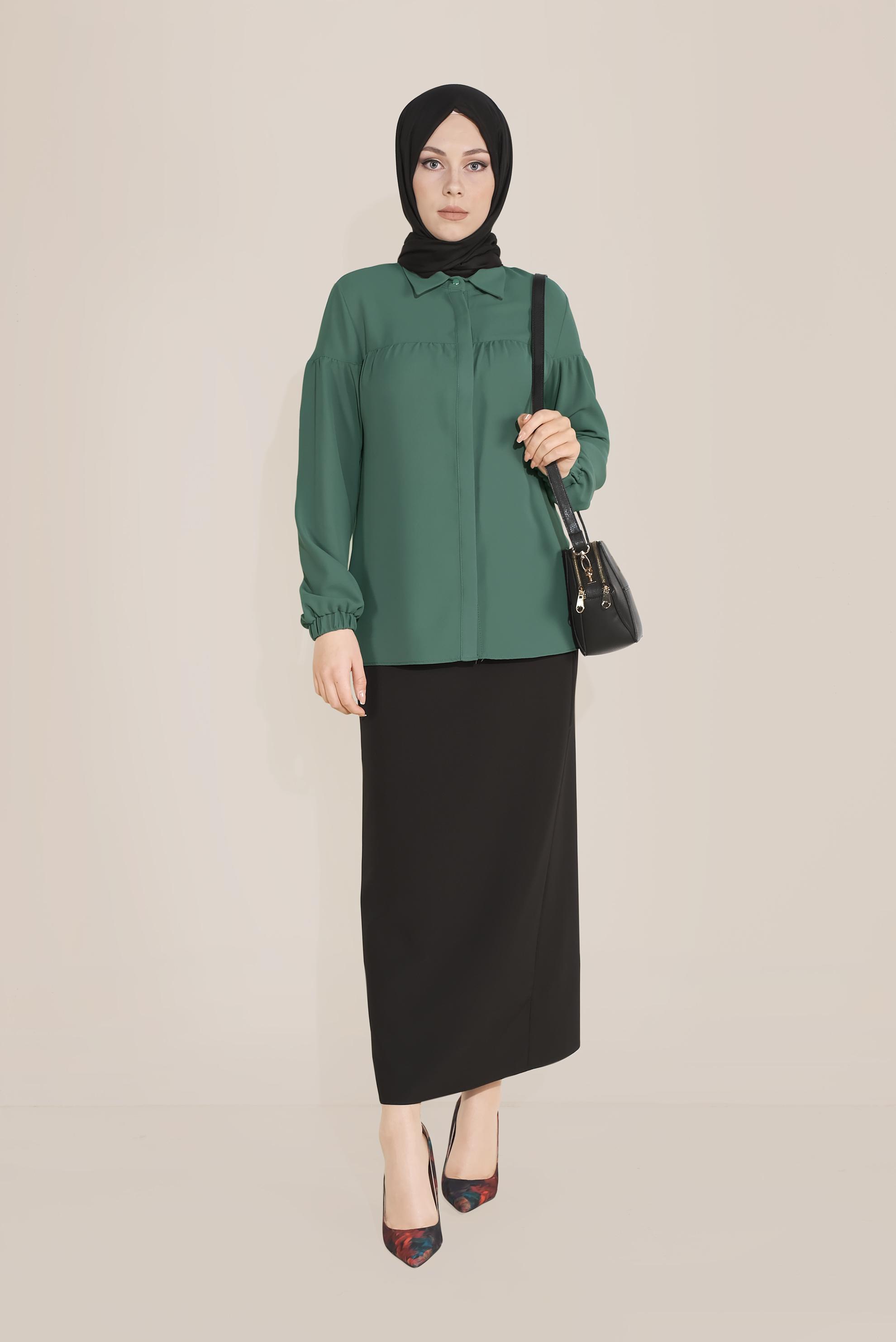 Tesettür giyim YEŞİL MANŞETLERİ LASTİKLİ  BLUZ 40754 