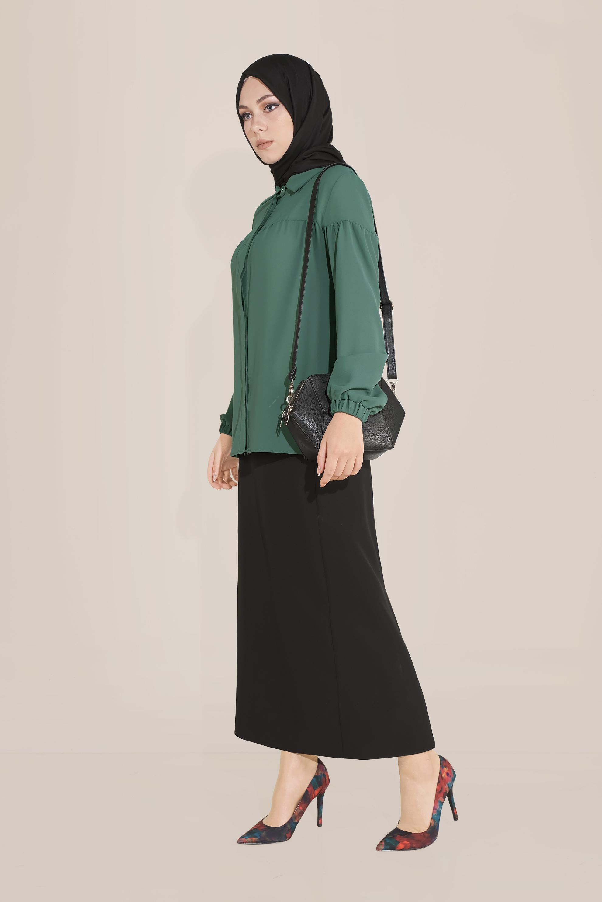 Tesettür giyim YEŞİL MANŞETLERİ LASTİKLİ  BLUZ 40754 