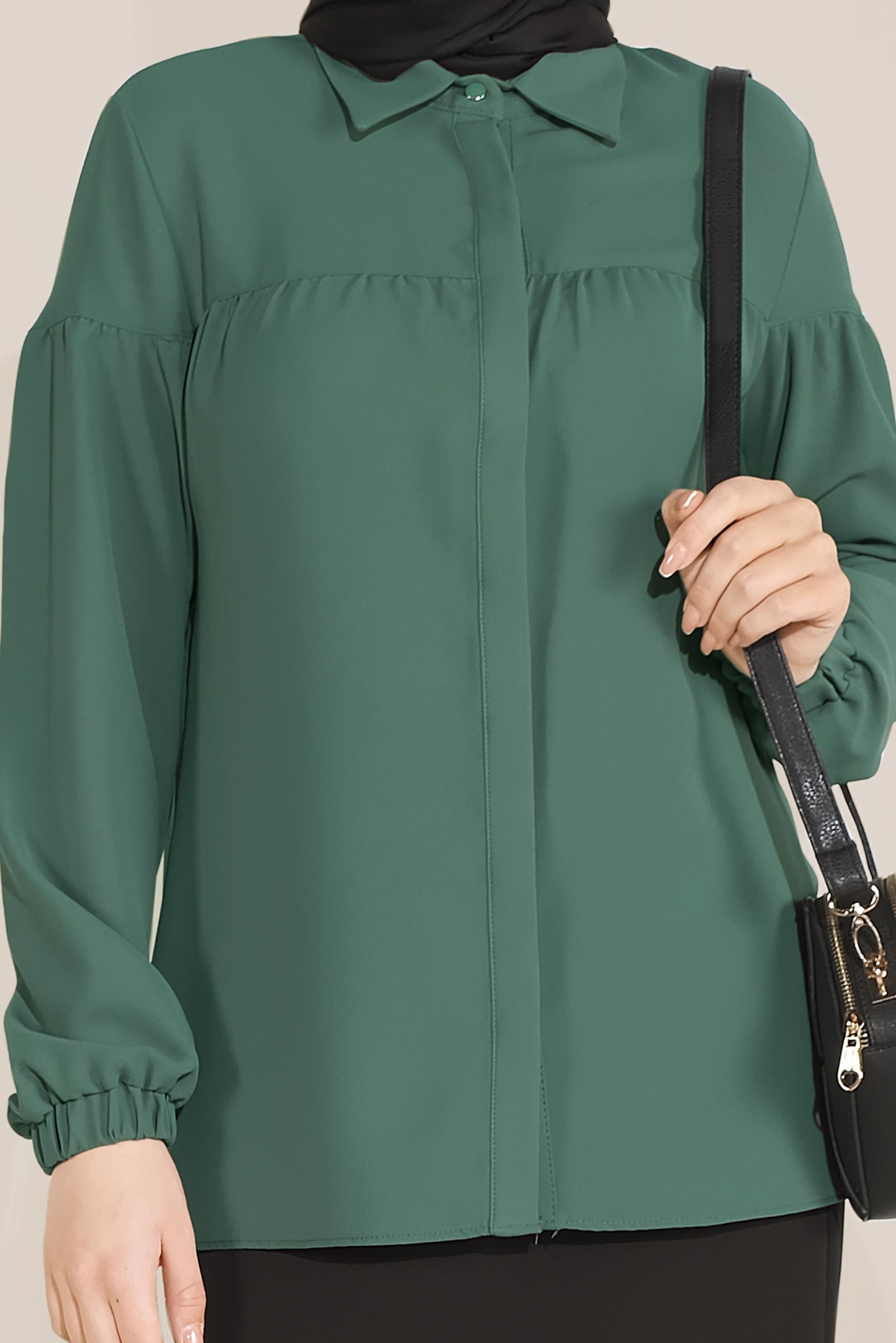 Tesettür giyim YEŞİL MANŞETLERİ LASTİKLİ  BLUZ 40754 