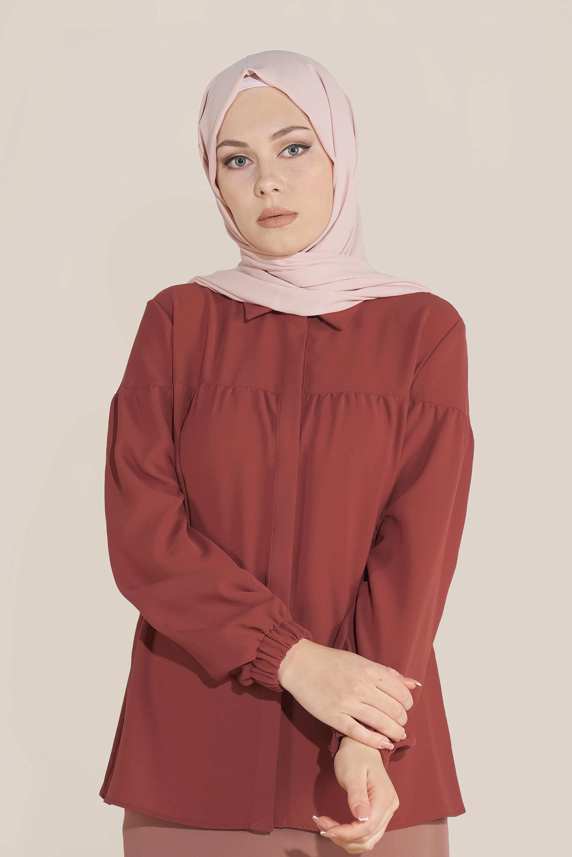 Tesettür giyim BORDO MANŞETLERİ LASTİKLİ  BLUZ 40754 