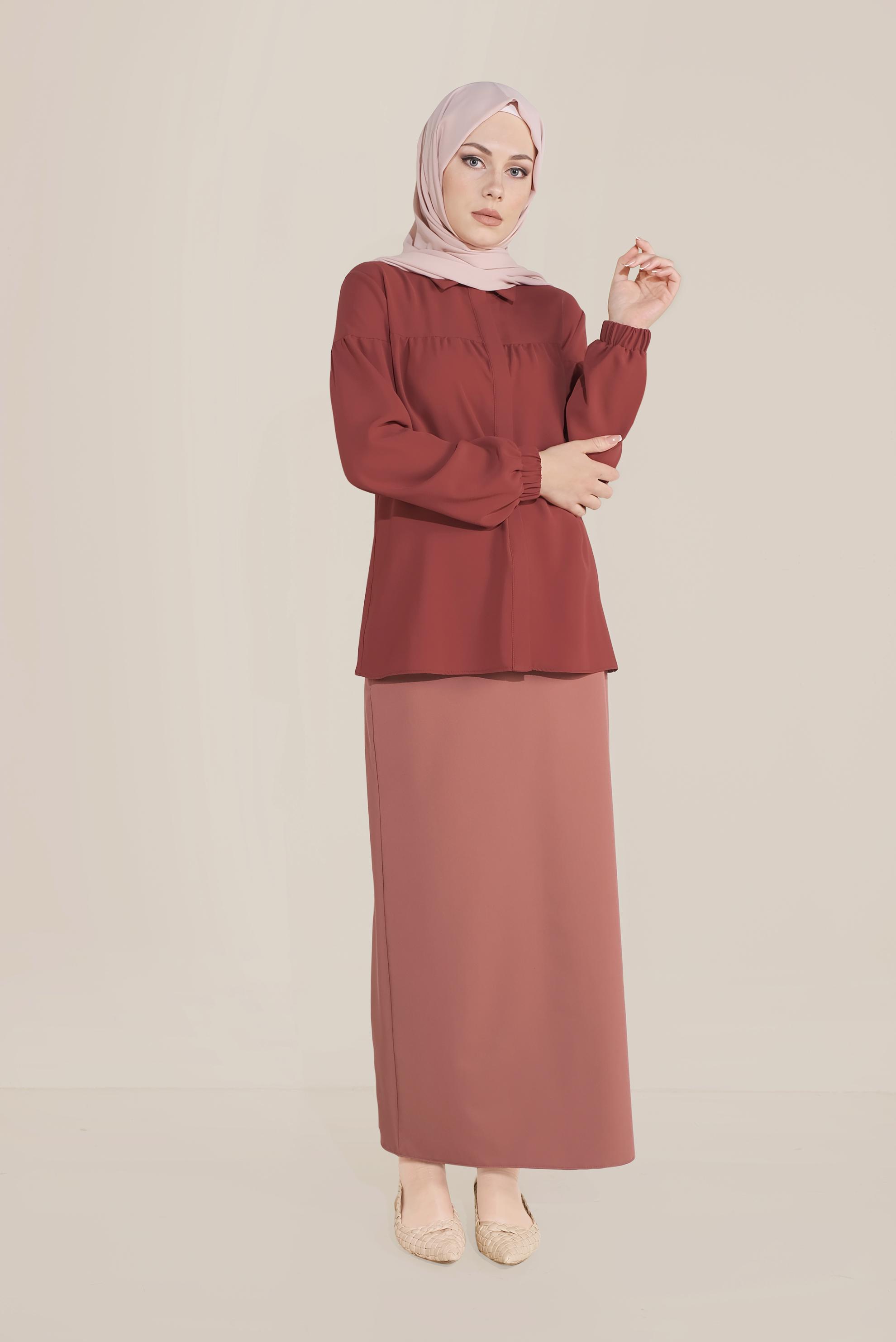 Tesettür giyim BORDO MANŞETLERİ LASTİKLİ  BLUZ 40754 