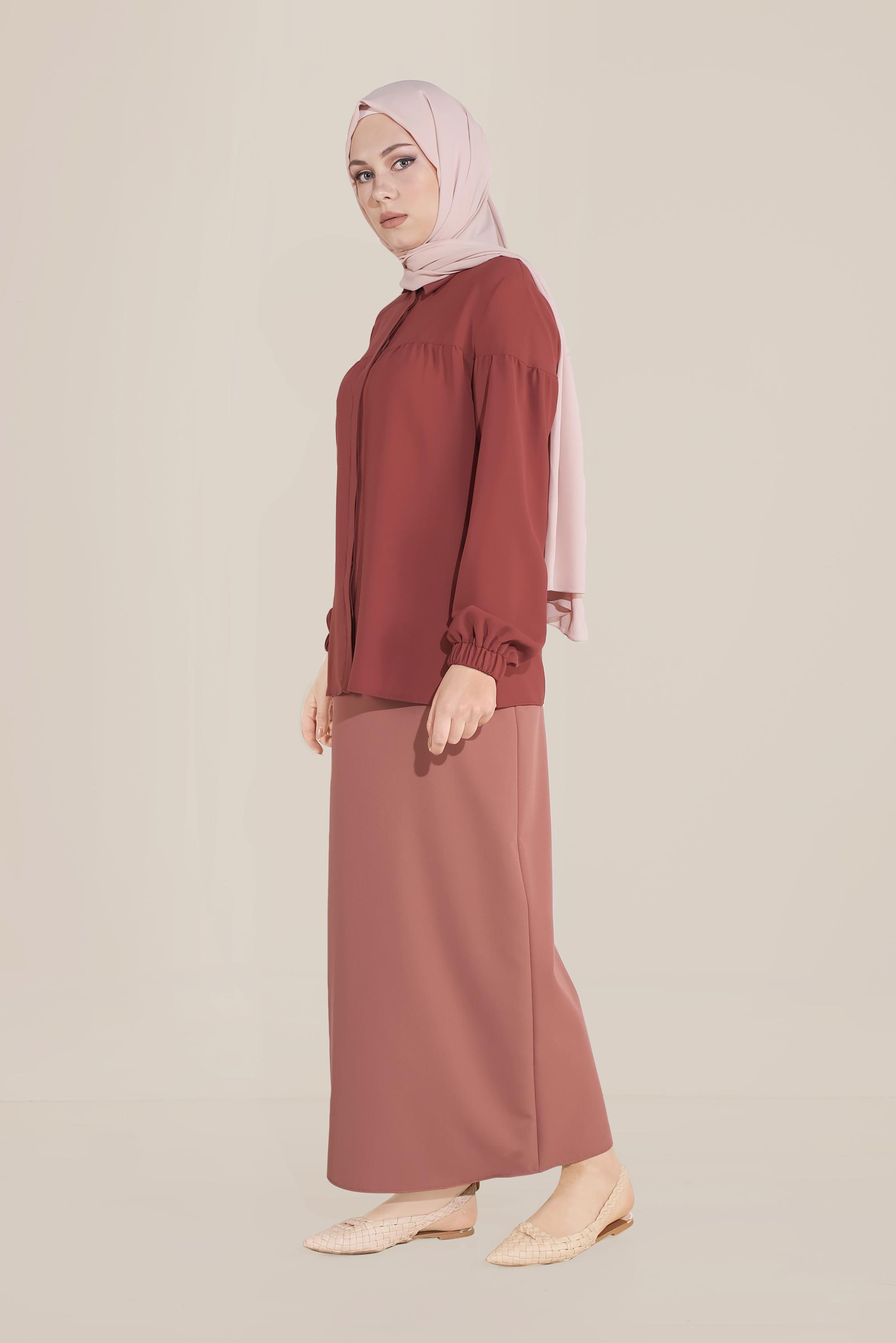 Tesettür giyim BORDO MANŞETLERİ LASTİKLİ  BLUZ 40754 