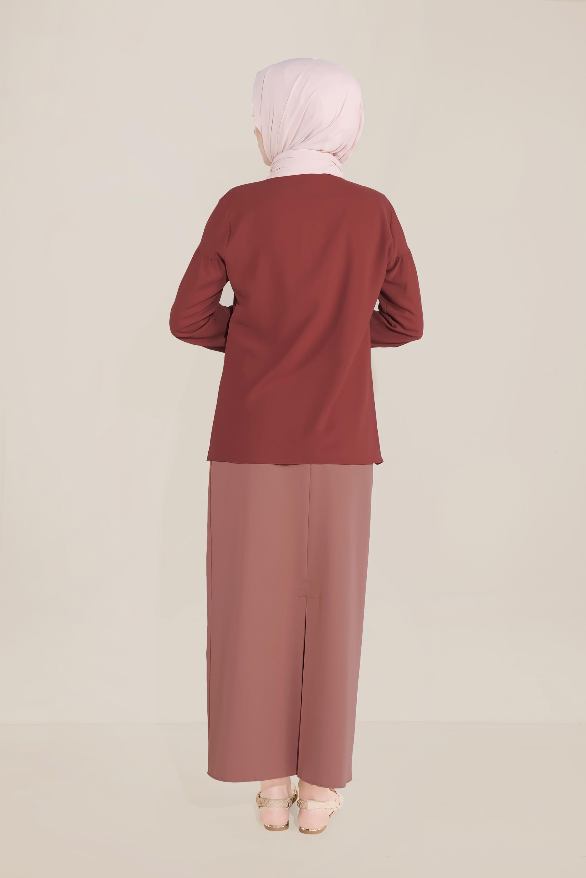 Tesettür giyim BORDO MANŞETLERİ LASTİKLİ  BLUZ 40754 