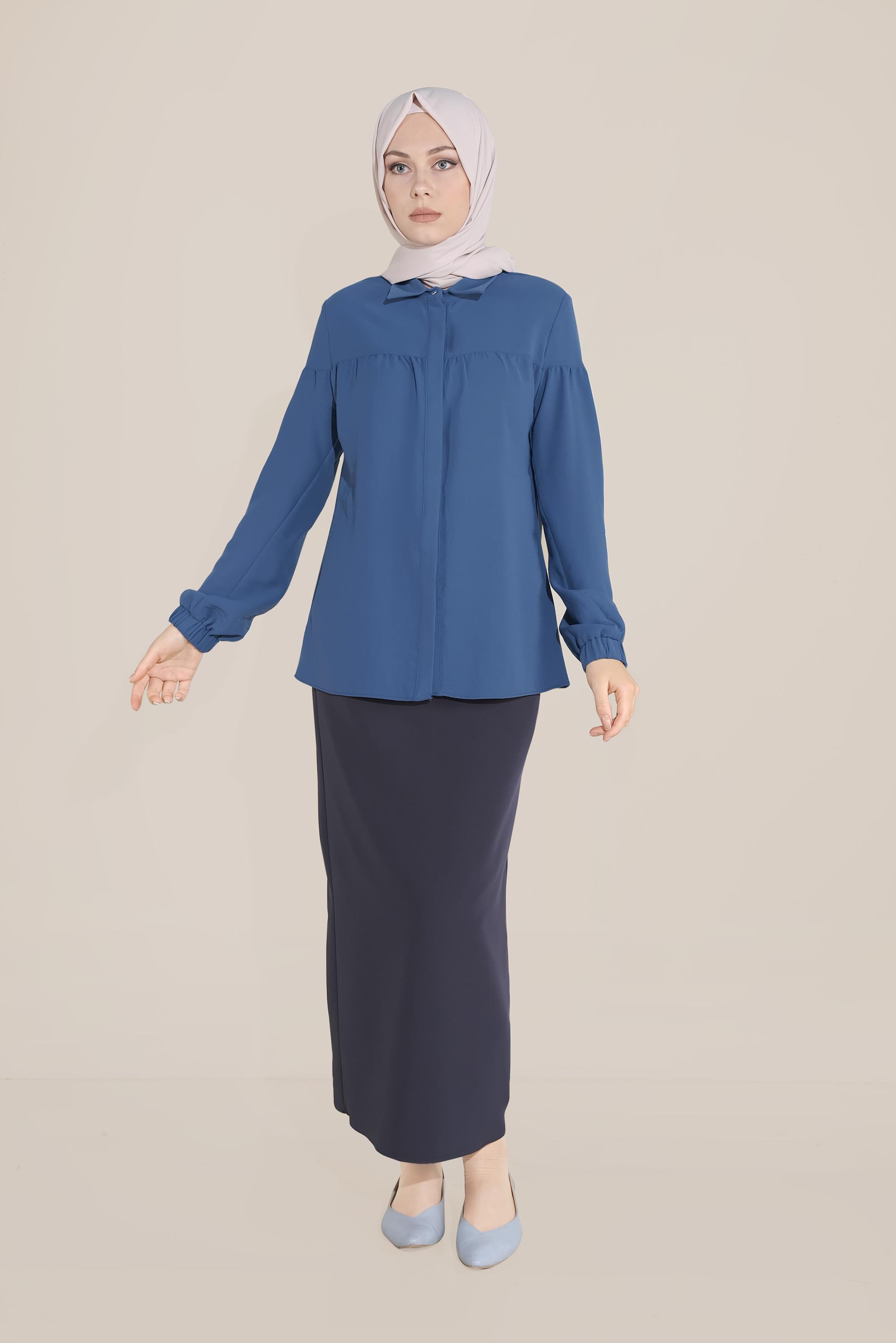 Tesettür giyim LACİVERT MANŞETLERİ LASTİKLİ  BLUZ 40754 
