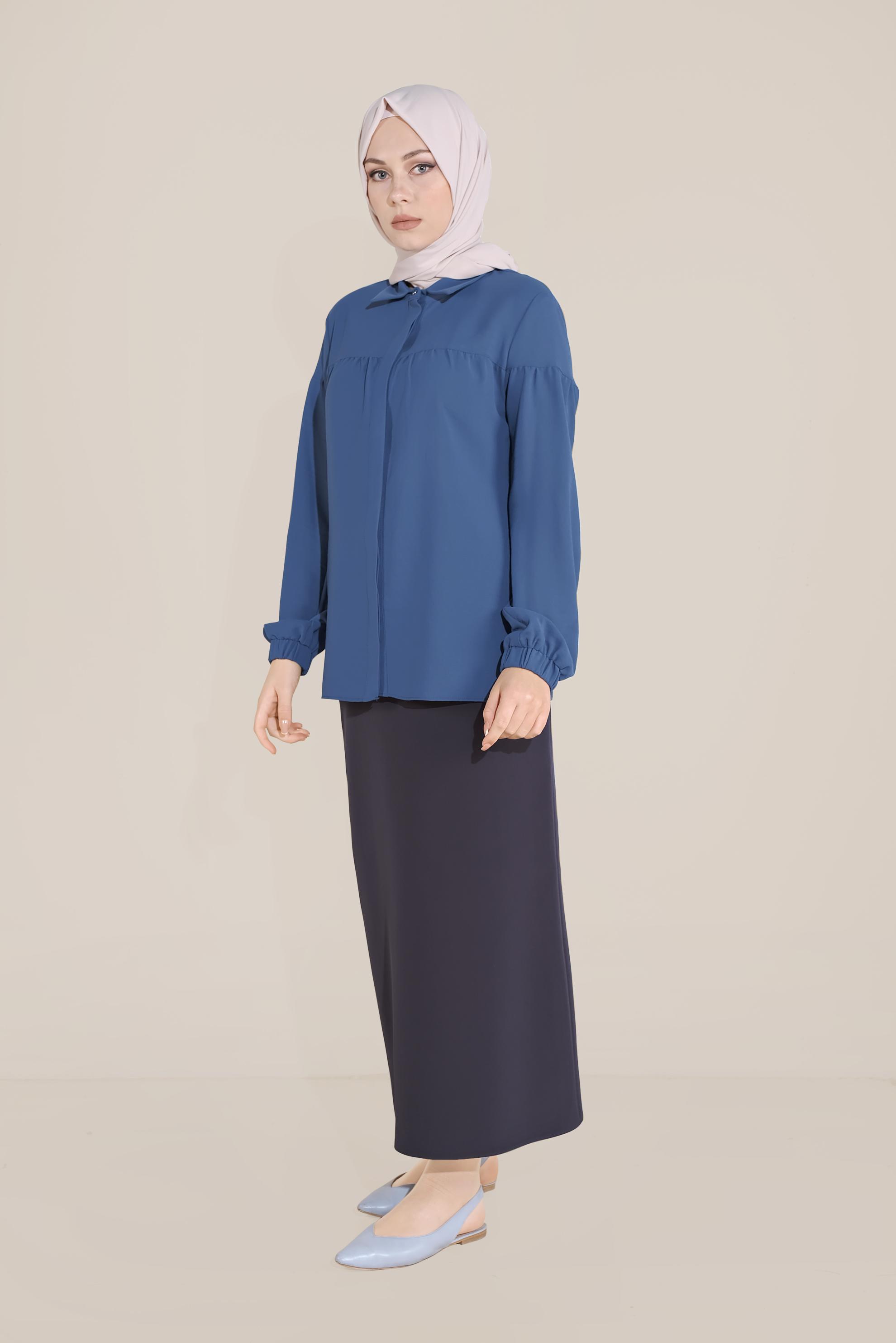 Tesettür giyim LACİVERT MANŞETLERİ LASTİKLİ  BLUZ 40754 