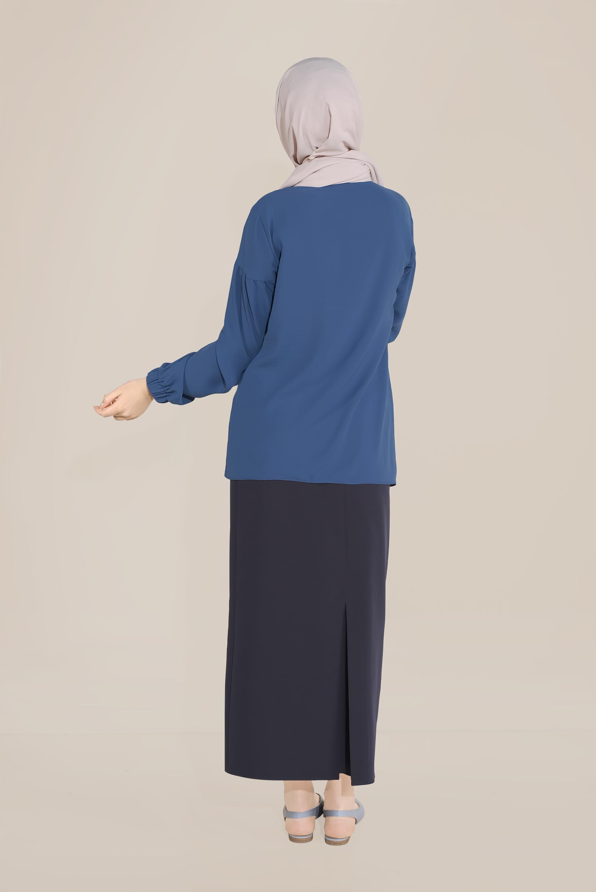 Tesettür giyim LACİVERT MANŞETLERİ LASTİKLİ  BLUZ 40754 