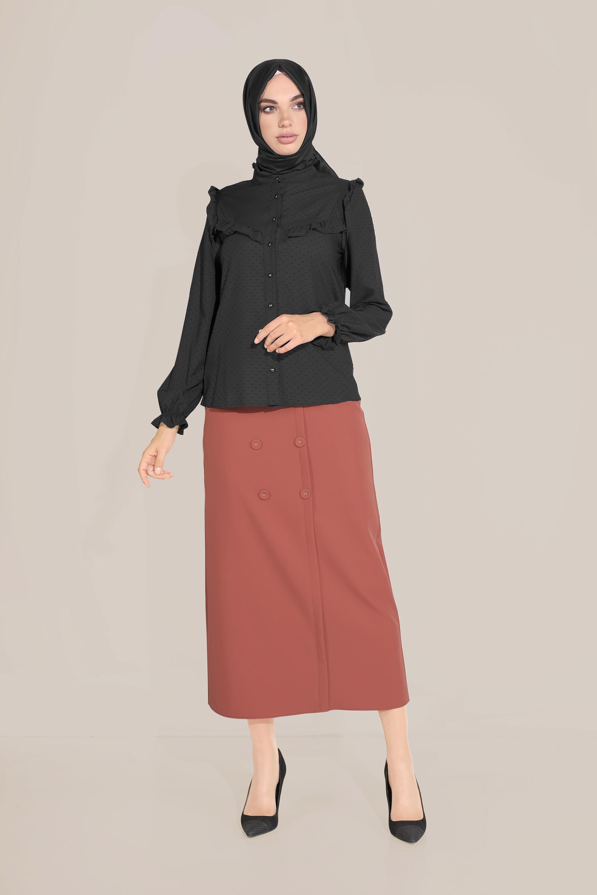 Tesettür giyim SİYAH FIRFIR DETAYLI DÜĞMELİ BLUZ 40798 