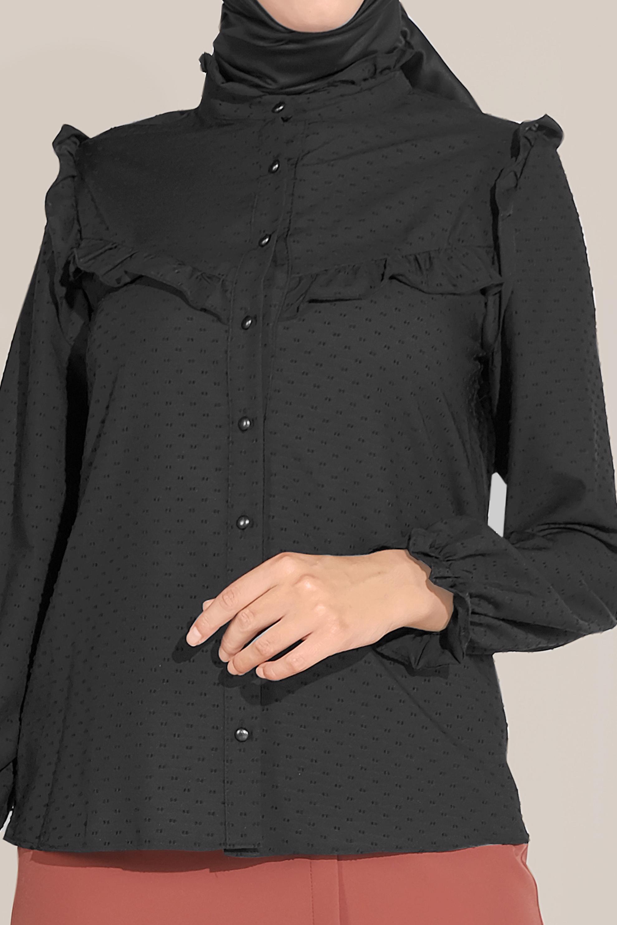 Tesettür giyim SİYAH FIRFIR DETAYLI DÜĞMELİ BLUZ 40798 