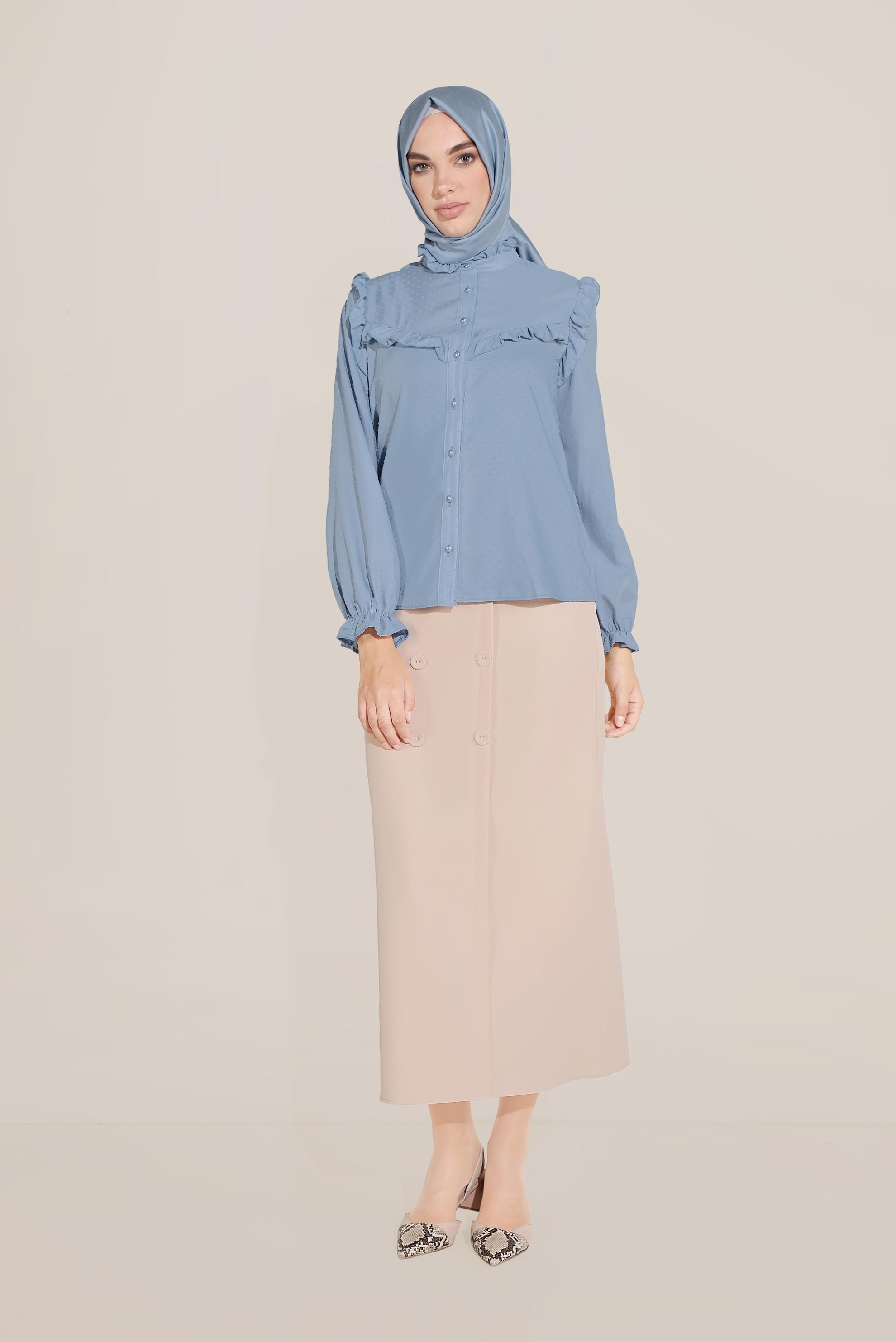 Tesettür giyim MAVİ FIRFIR DETAYLI DÜĞMELİ BLUZ 40798 