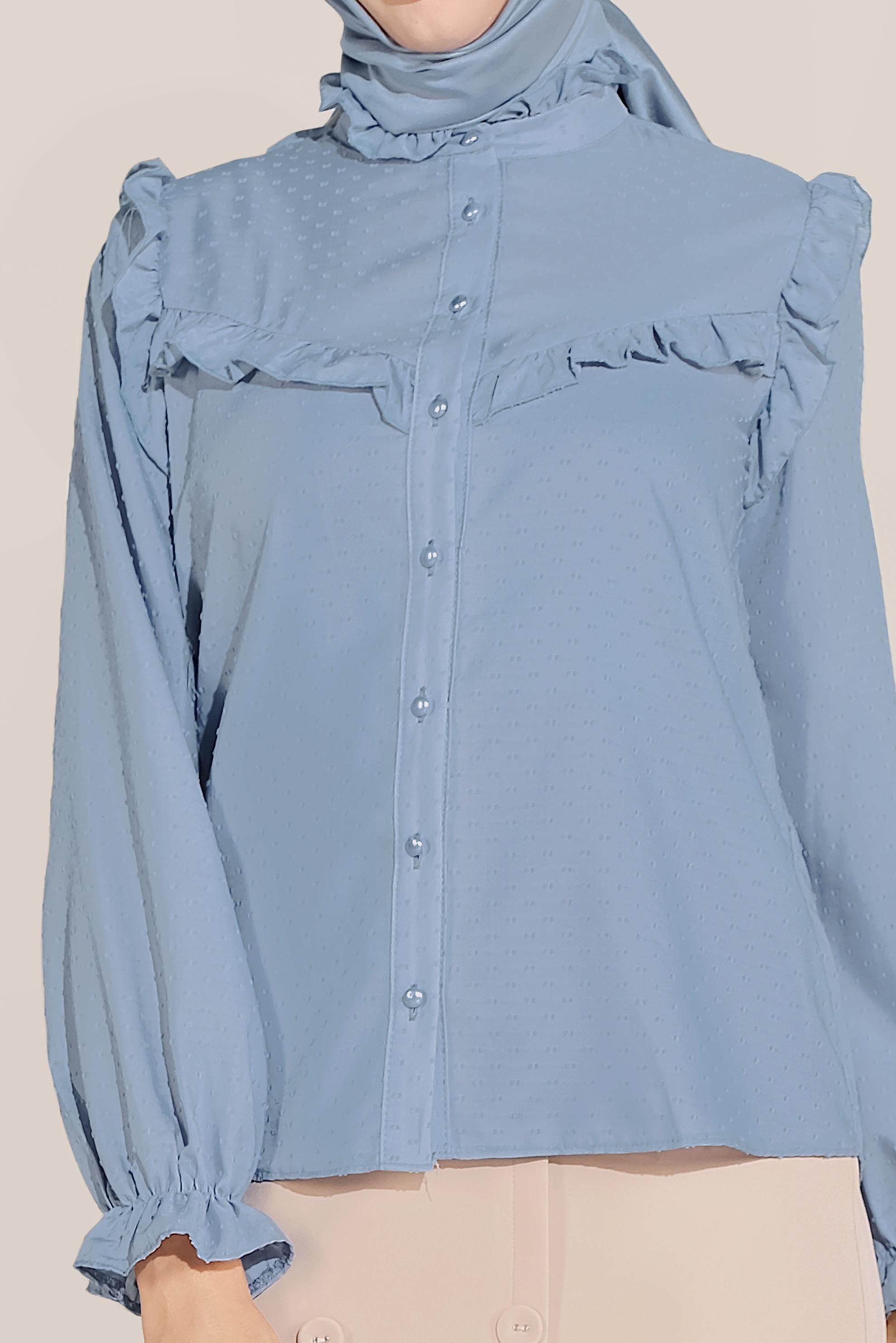 Tesettür giyim MAVİ FIRFIR DETAYLI DÜĞMELİ BLUZ 40798 