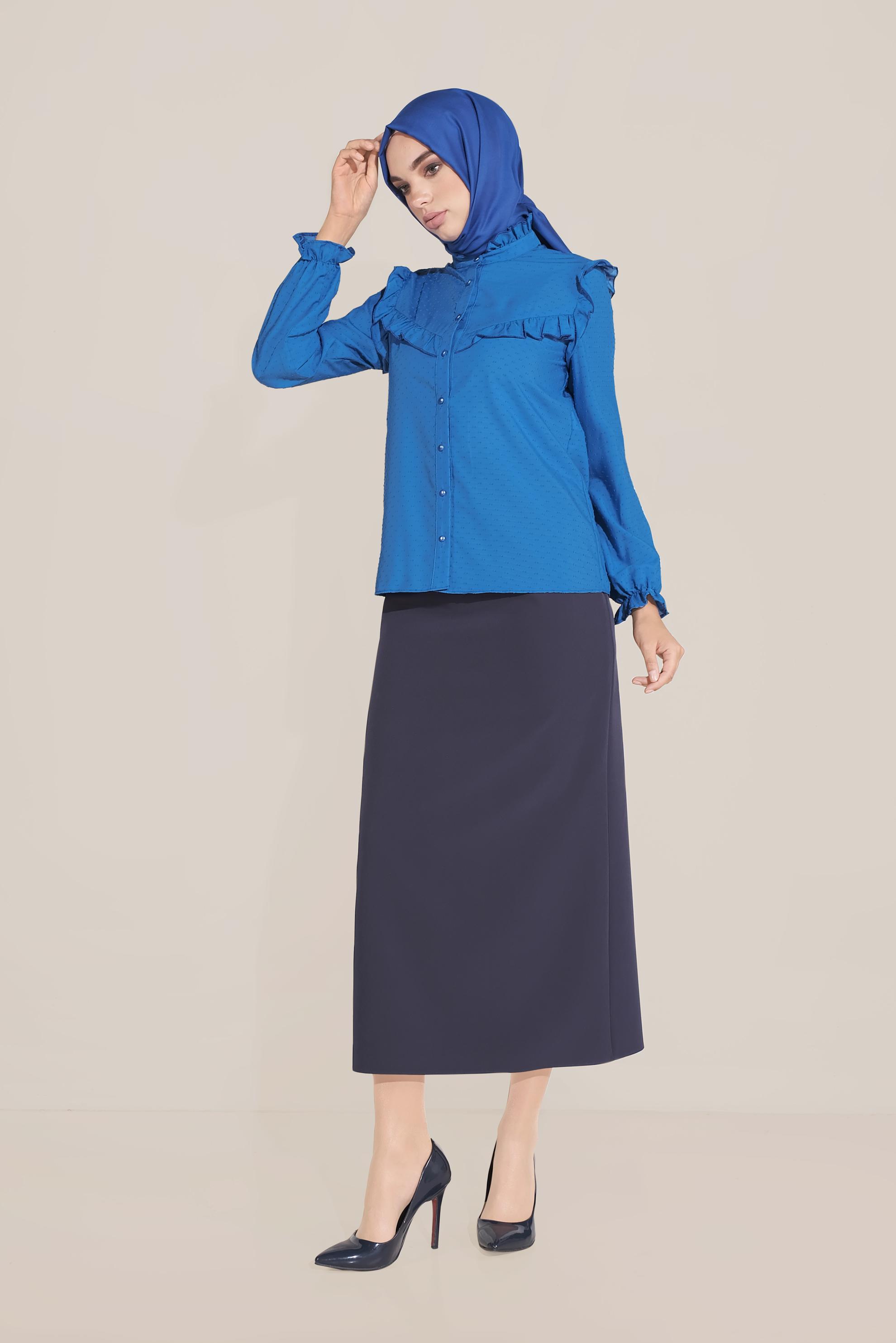 Tesettür giyim LACİVERT FIRFIR DETAYLI DÜĞMELİ BLUZ 40798 