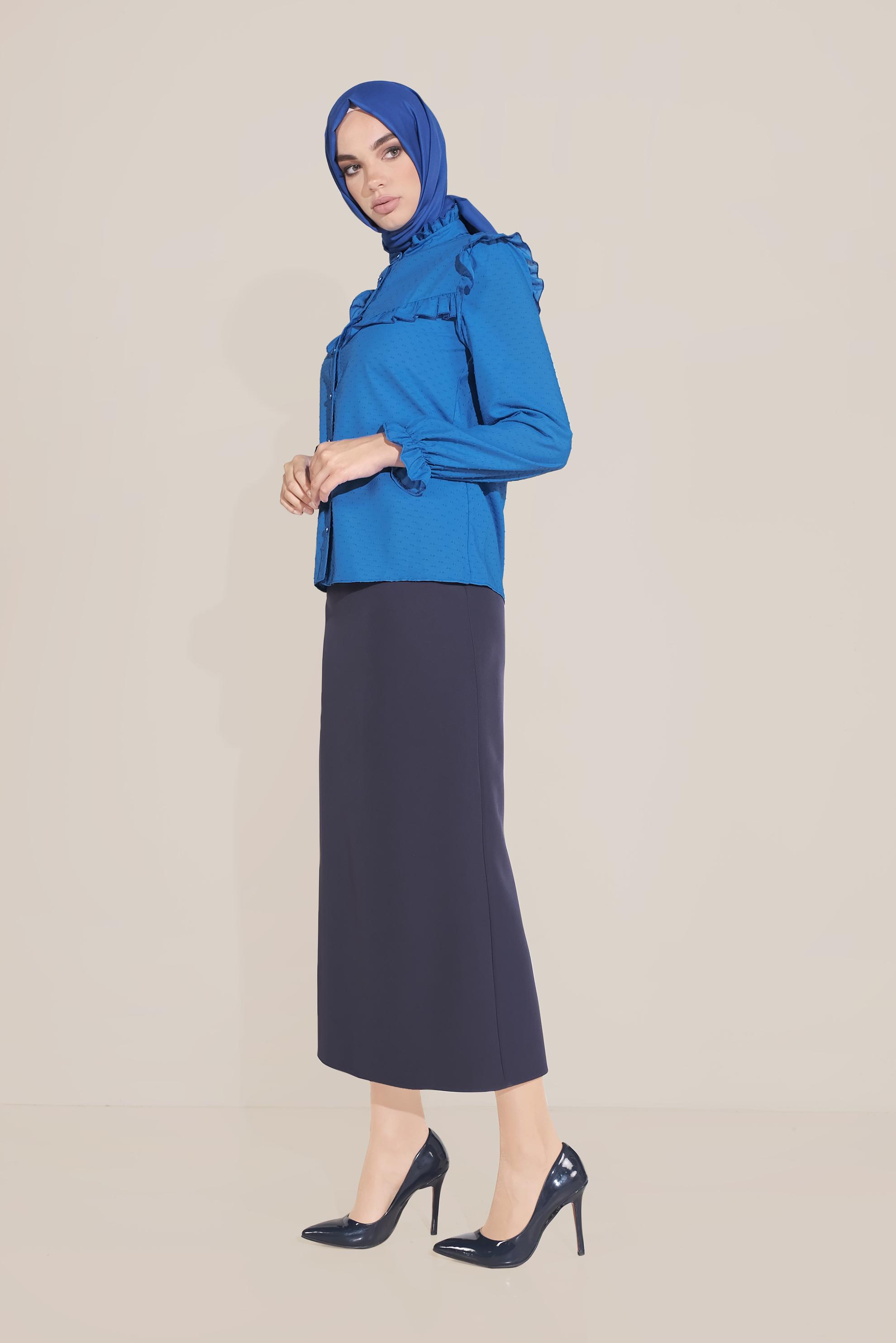 Tesettür giyim LACİVERT FIRFIR DETAYLI DÜĞMELİ BLUZ 40798 