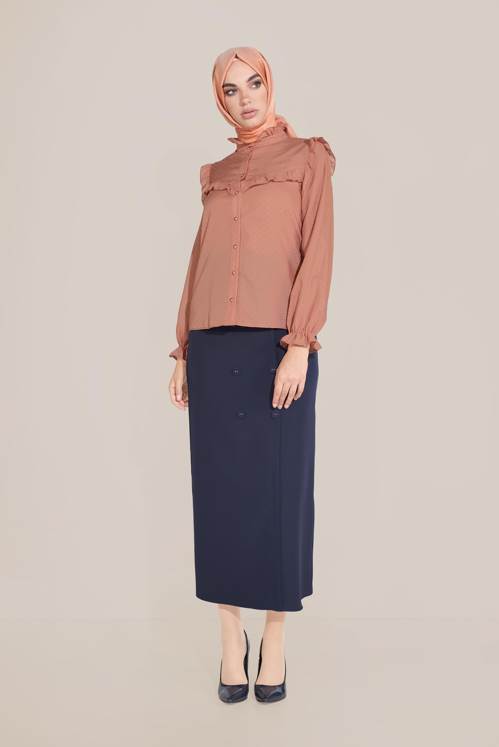 Tesettür giyim PEMBE FIRFIR DETAYLI DÜĞMELİ BLUZ 40798 