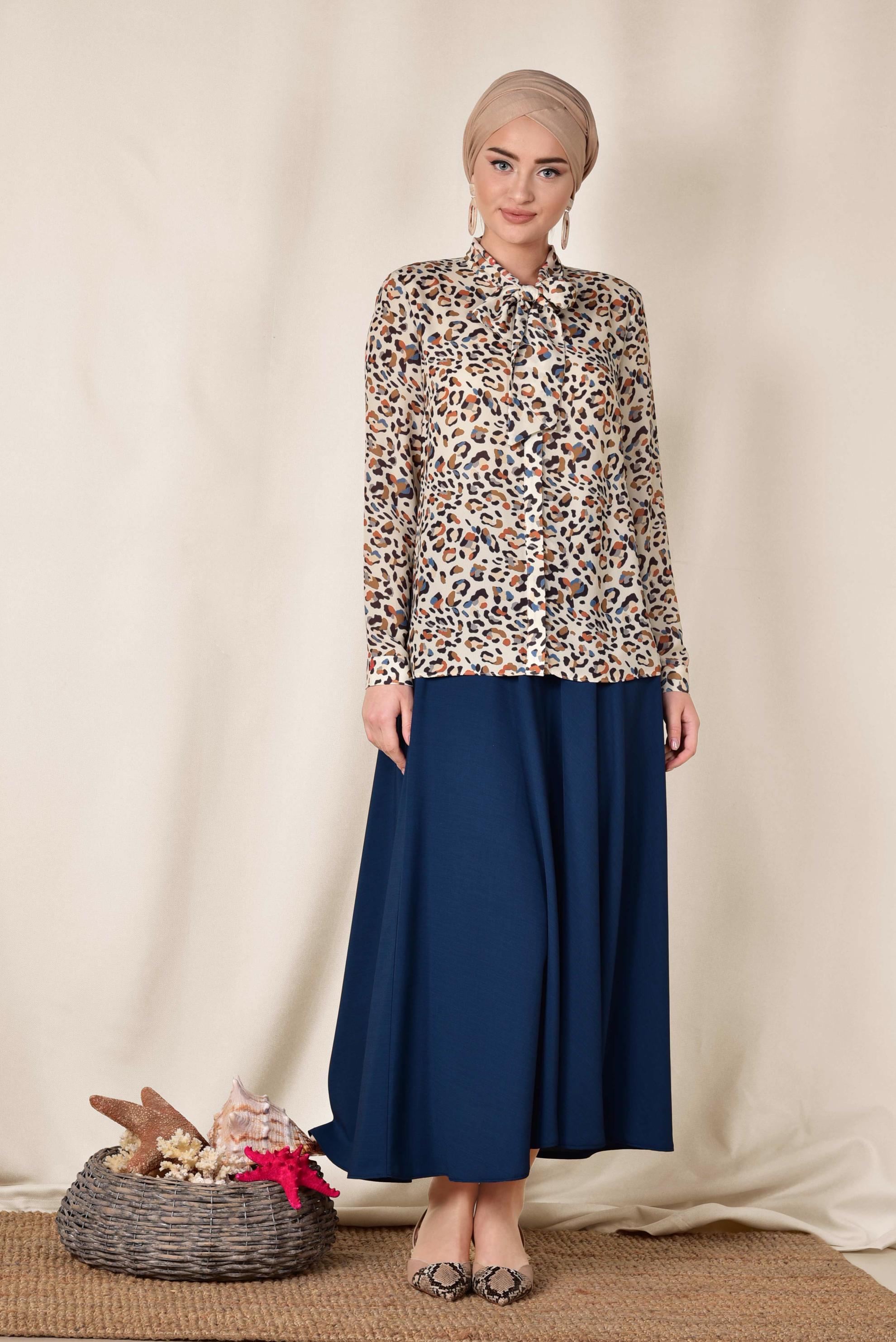 Tesettür giyim BEJ YAKASI BAĞCIKLI BLUZ 4083