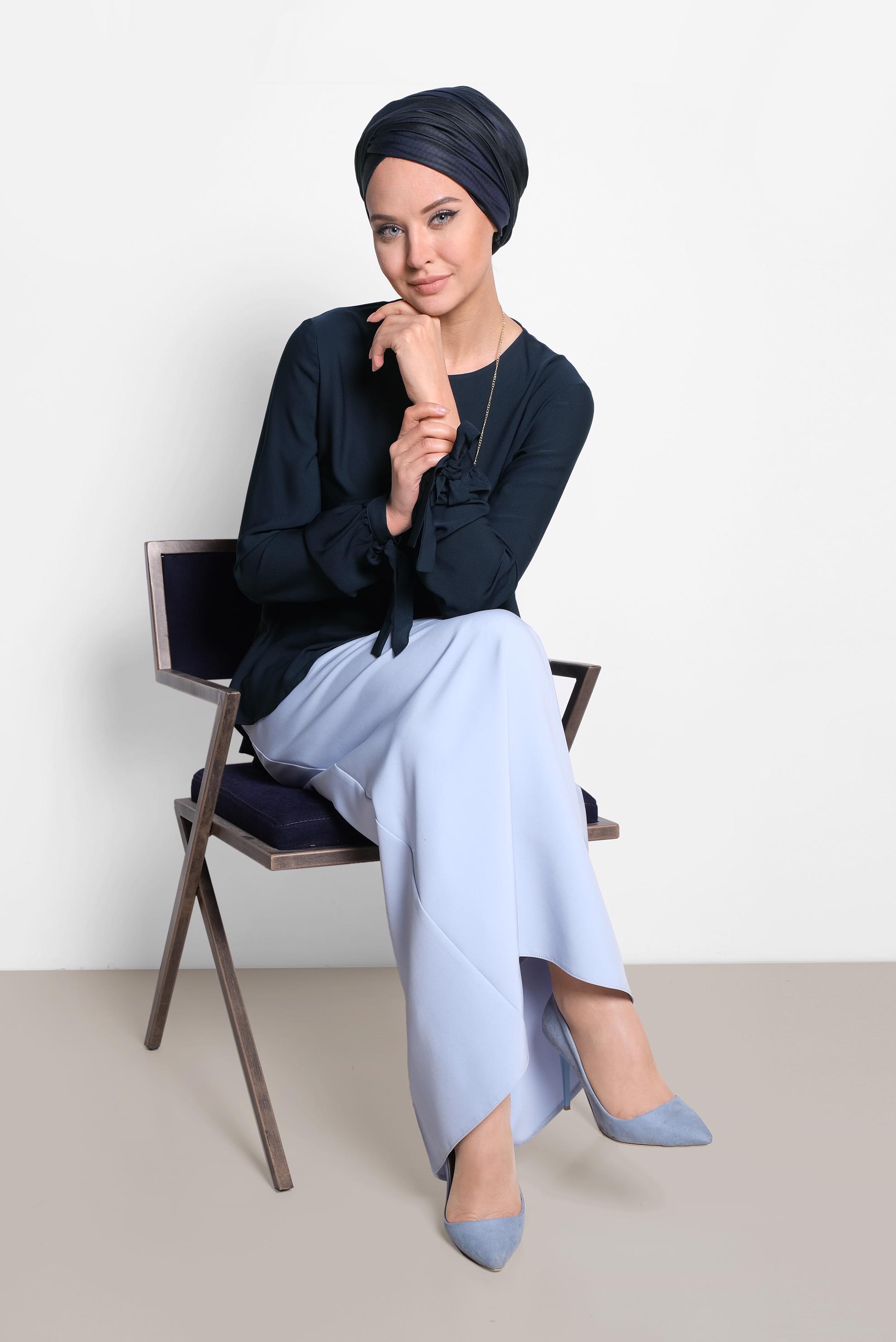 Tesettür giyim LACİVERT MANŞETLERİ BAĞCIKLI BLUZ 4190