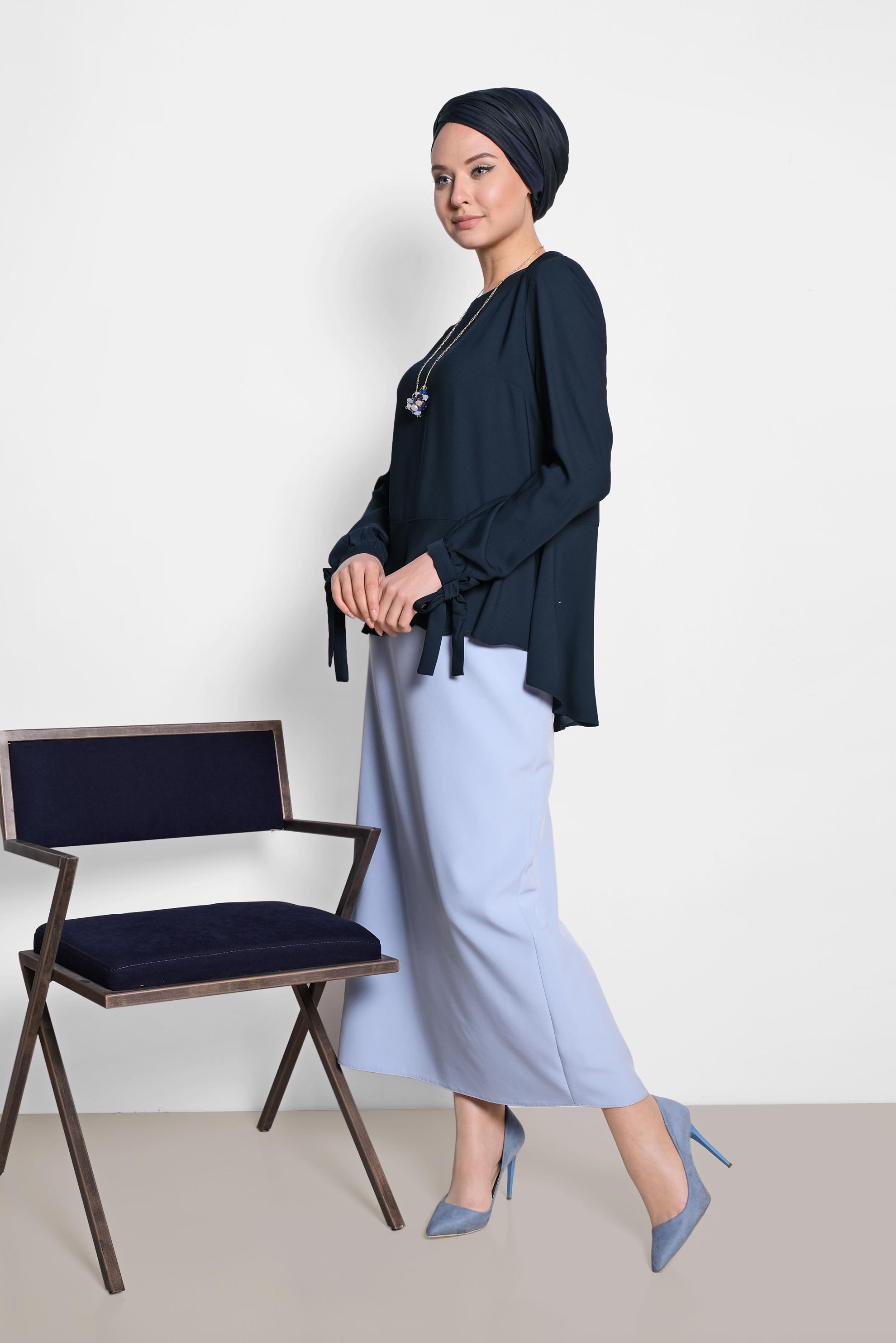 Tesettür giyim LACİVERT MANŞETLERİ BAĞCIKLI BLUZ 4190