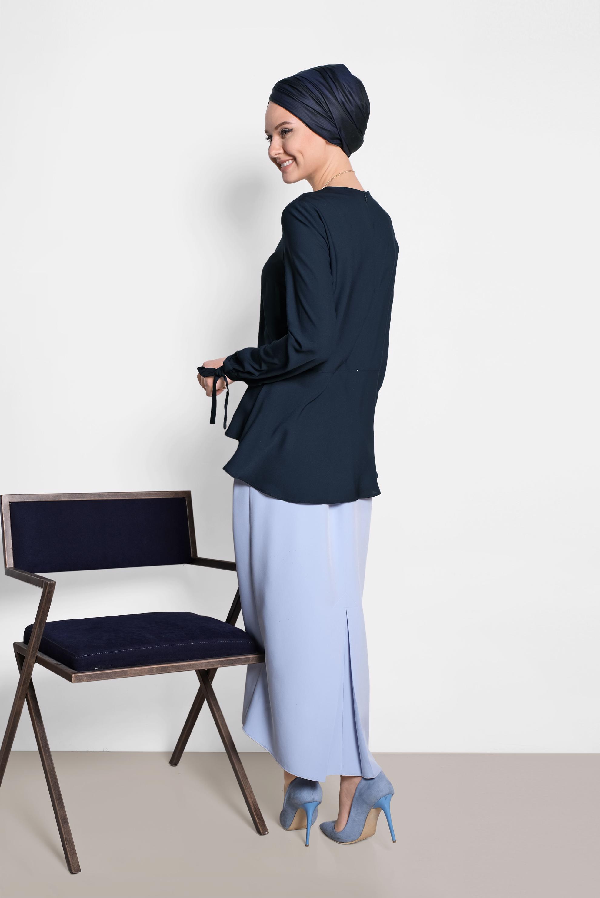 Tesettür giyim LACİVERT MANŞETLERİ BAĞCIKLI BLUZ 4190
