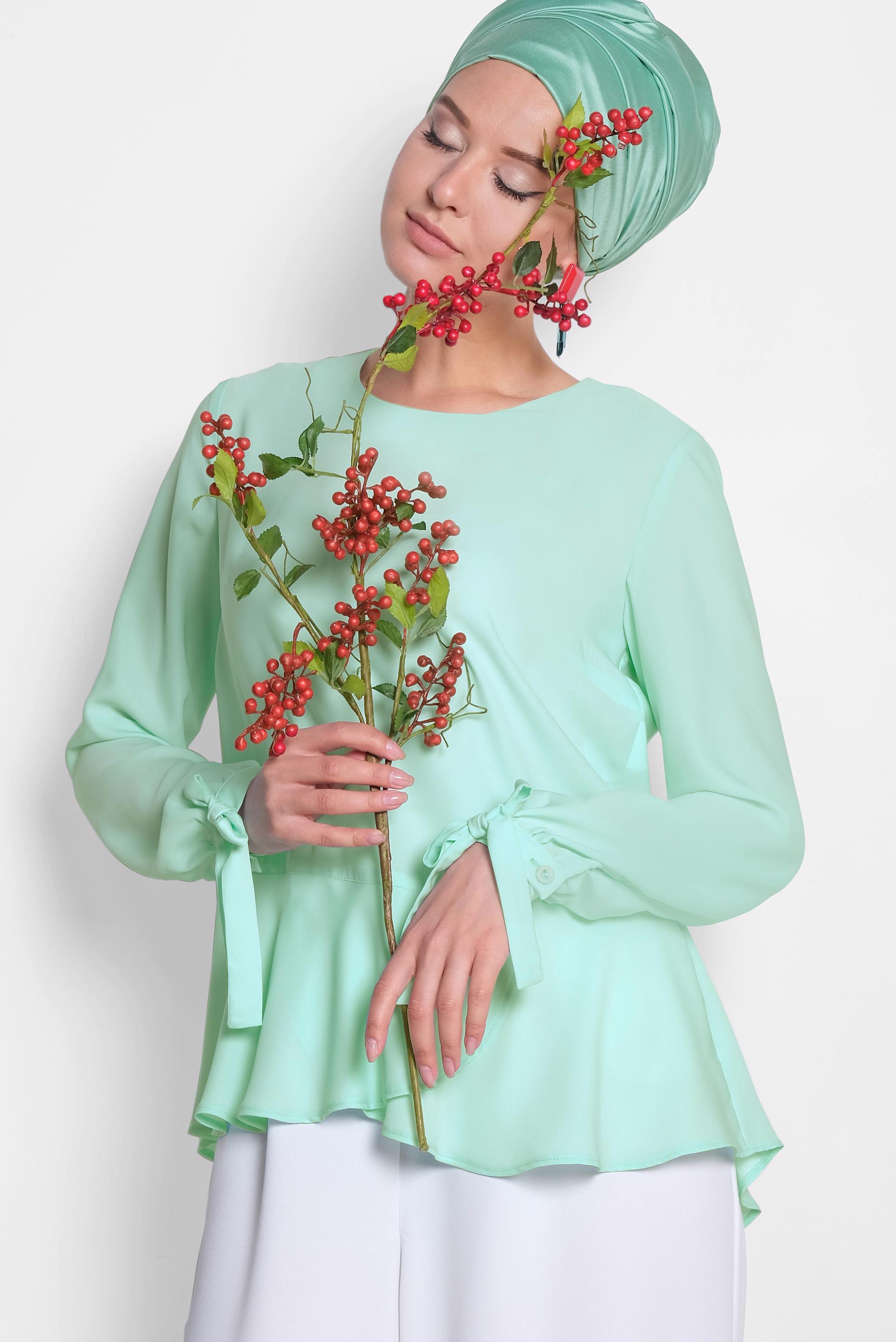 Tesettür giyim YEŞİL MANŞETLERİ BAĞCIKLI BLUZ 4190