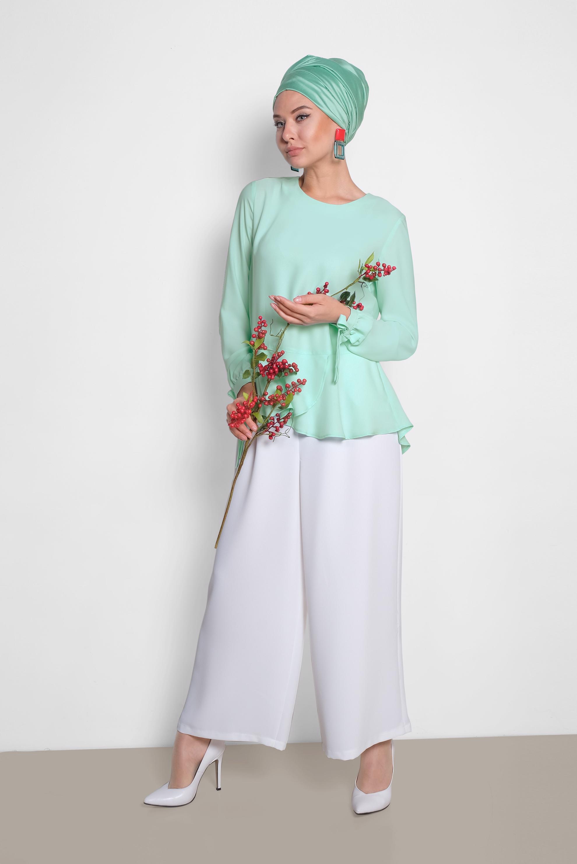 Tesettür giyim YEŞİL MANŞETLERİ BAĞCIKLI BLUZ 4190