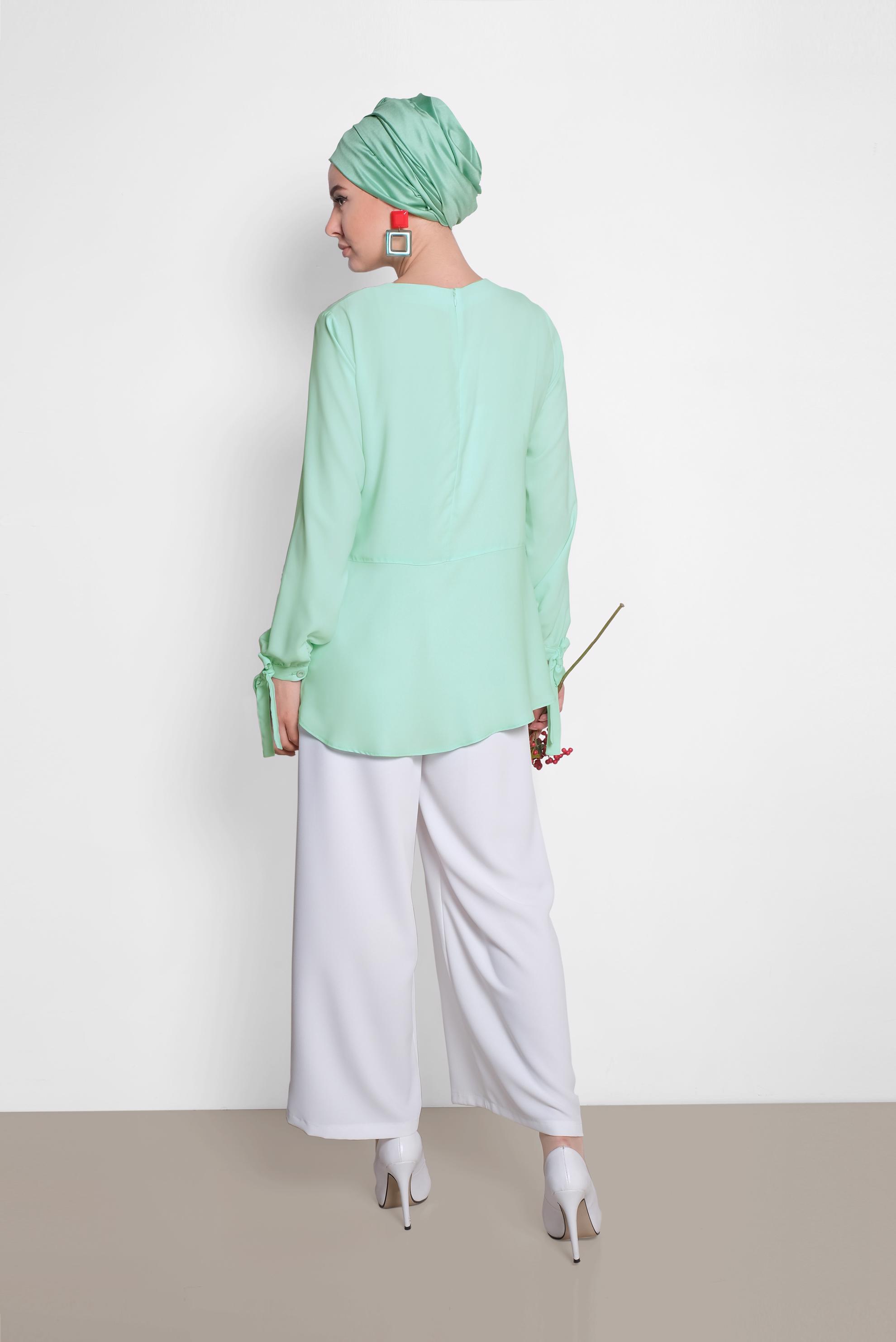 Tesettür giyim YEŞİL MANŞETLERİ BAĞCIKLI BLUZ 4190