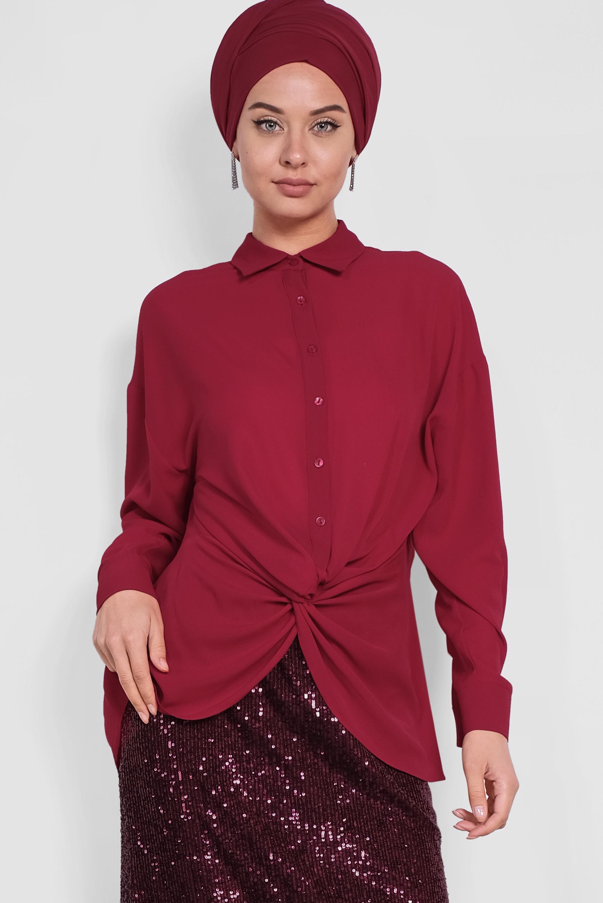 Tesettür giyim KIRMIZI BÜZGÜ DETAYLI BLUZ 4281
