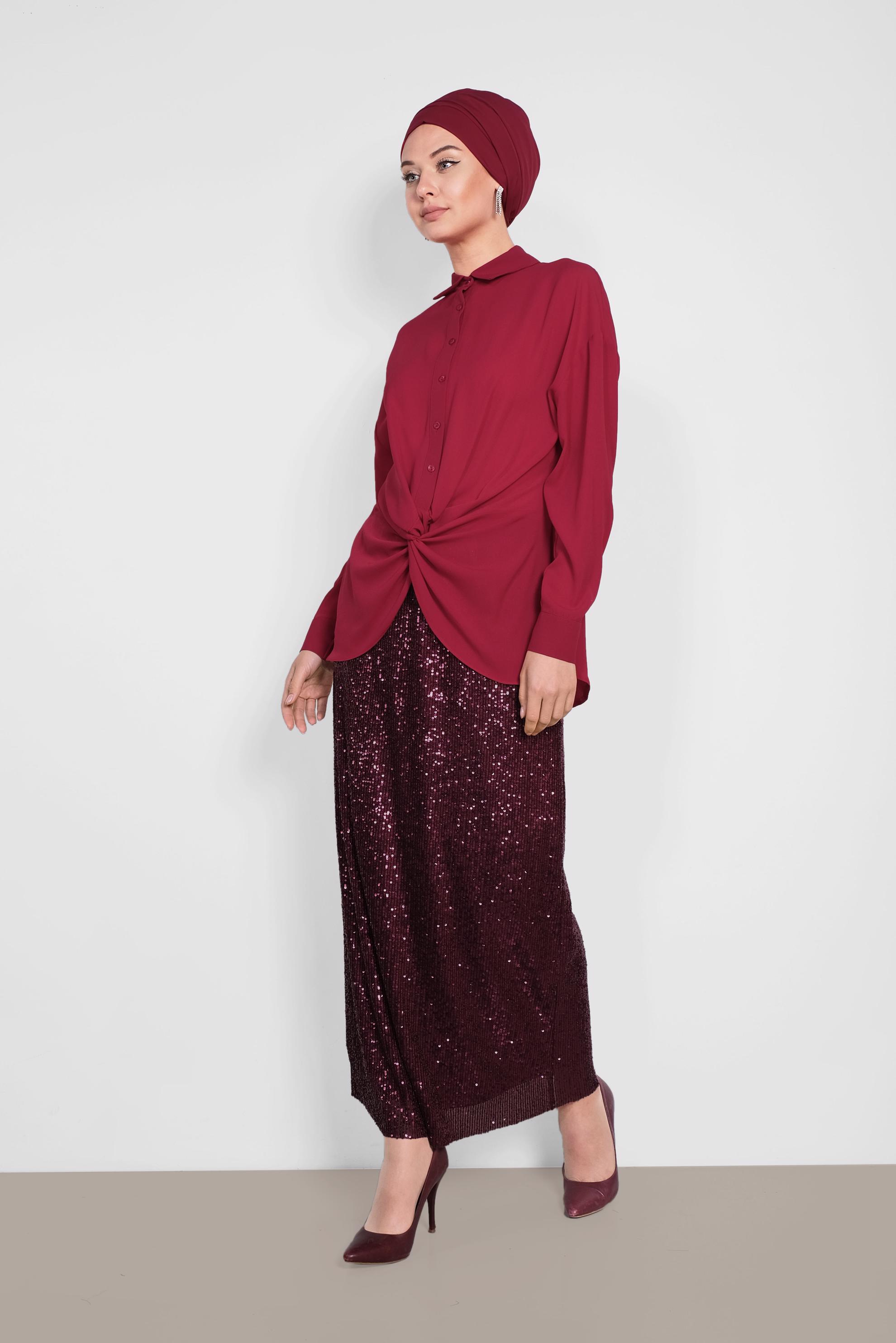 Tesettür giyim KIRMIZI BÜZGÜ DETAYLI BLUZ 4281