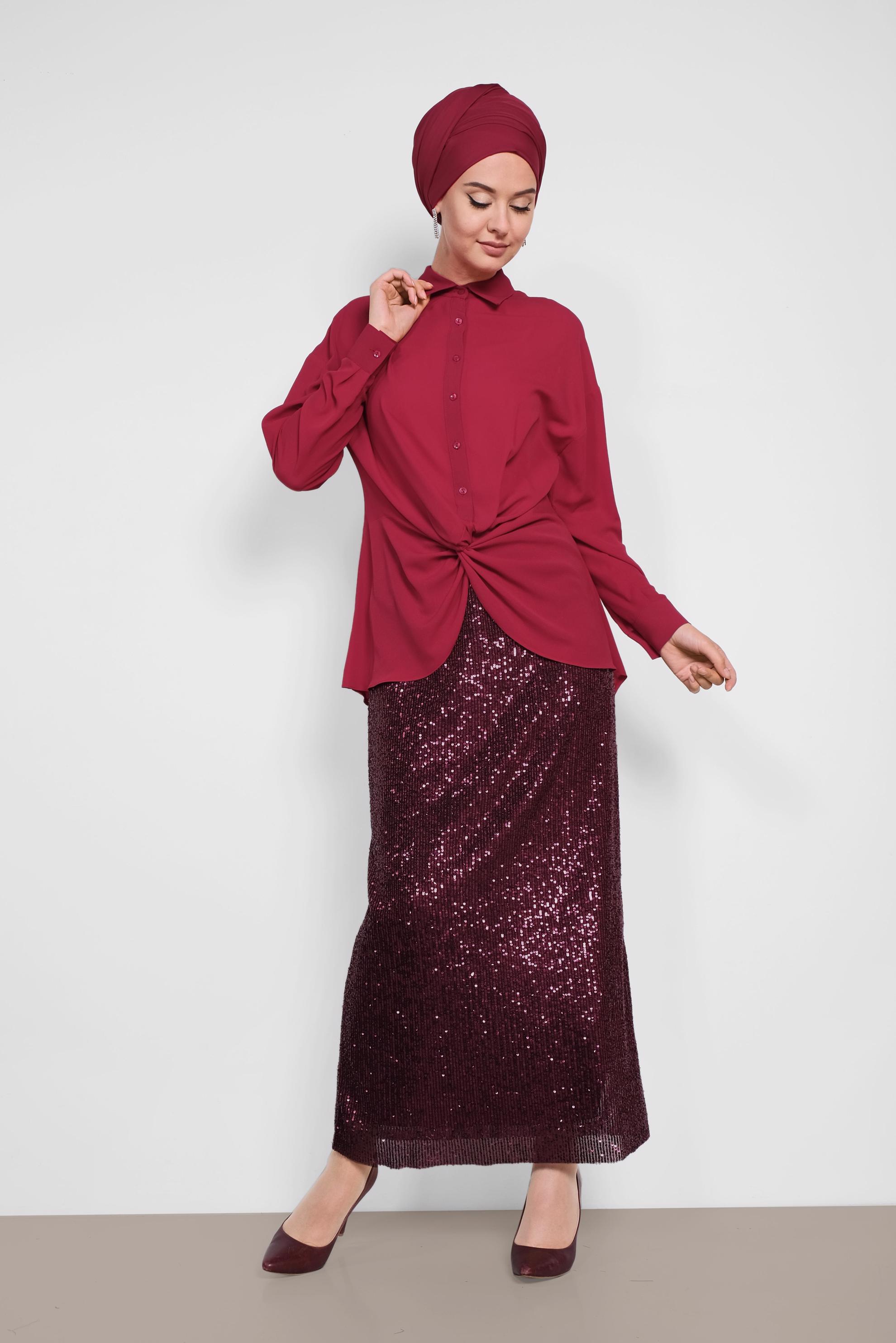 Tesettür giyim KIRMIZI BÜZGÜ DETAYLI BLUZ 4281