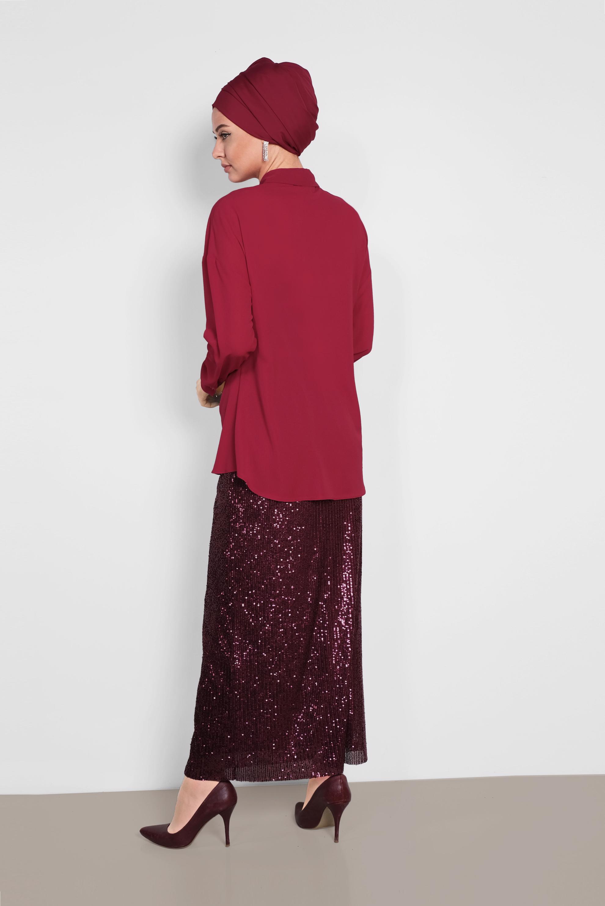 Tesettür giyim KIRMIZI BÜZGÜ DETAYLI BLUZ 4281