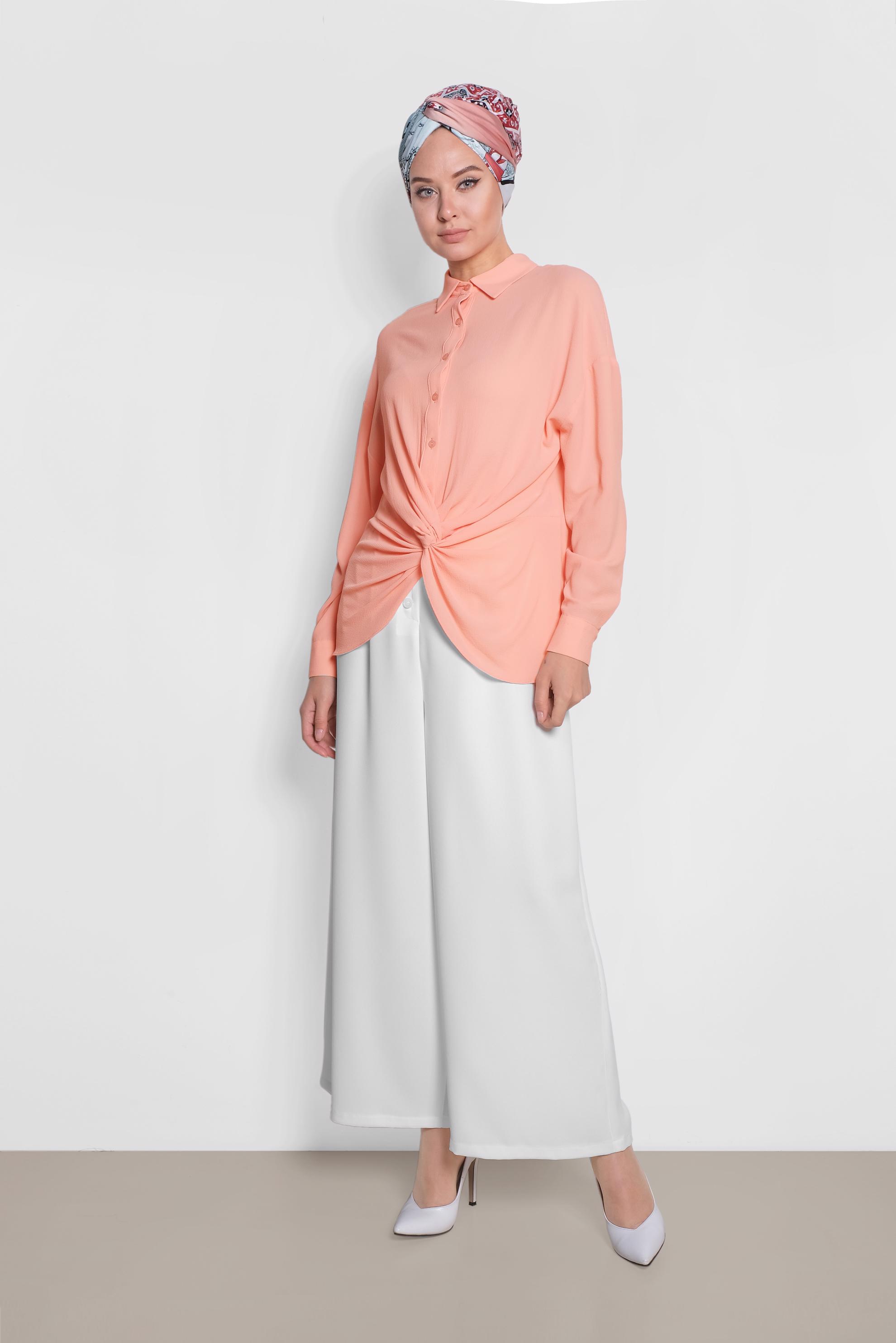 Tesettür giyim PUDRA BÜZGÜ DETAYLI BLUZ 4281