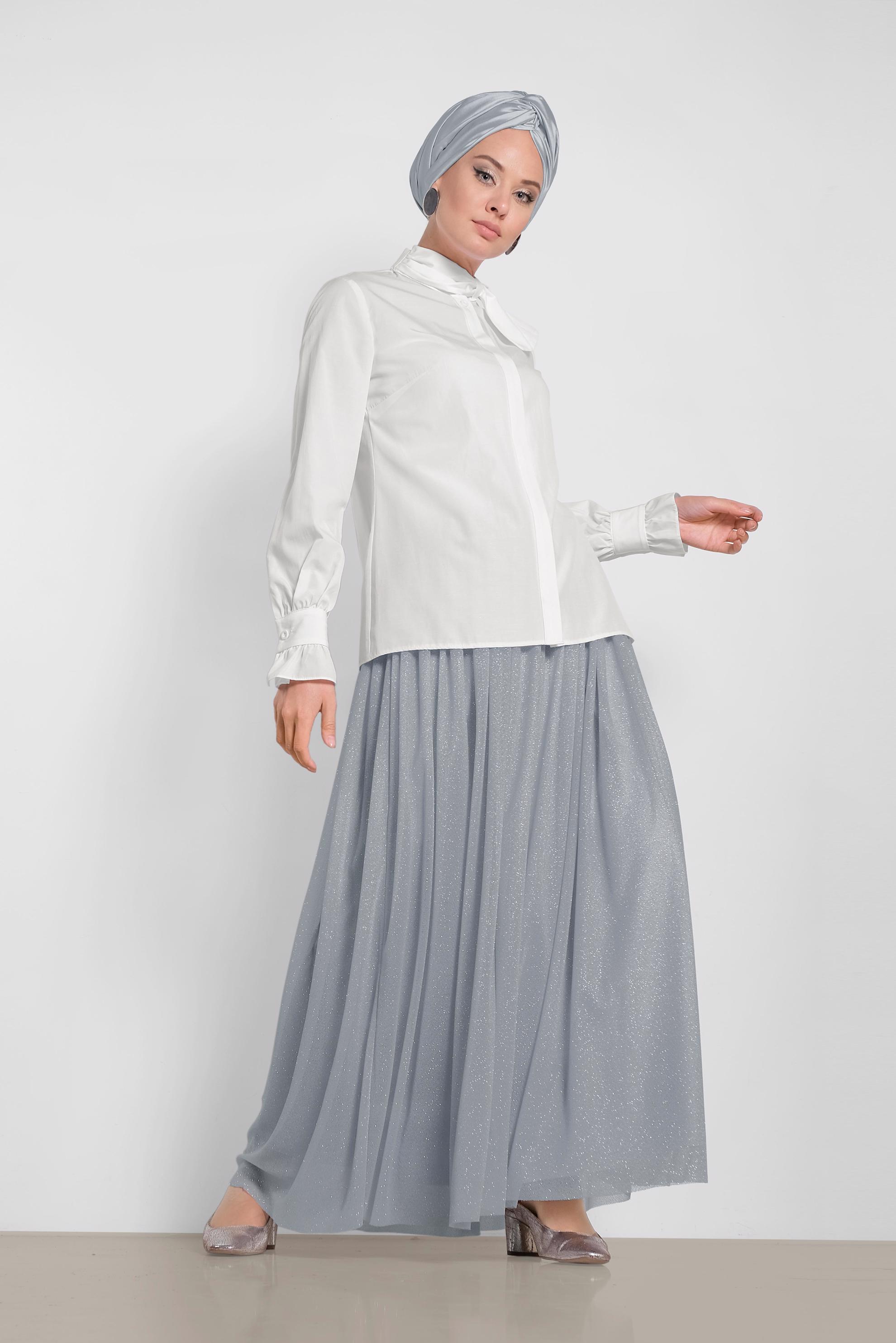 Tesettür giyim BEYAZ BOYUN DETAYLI BLUZ 4372