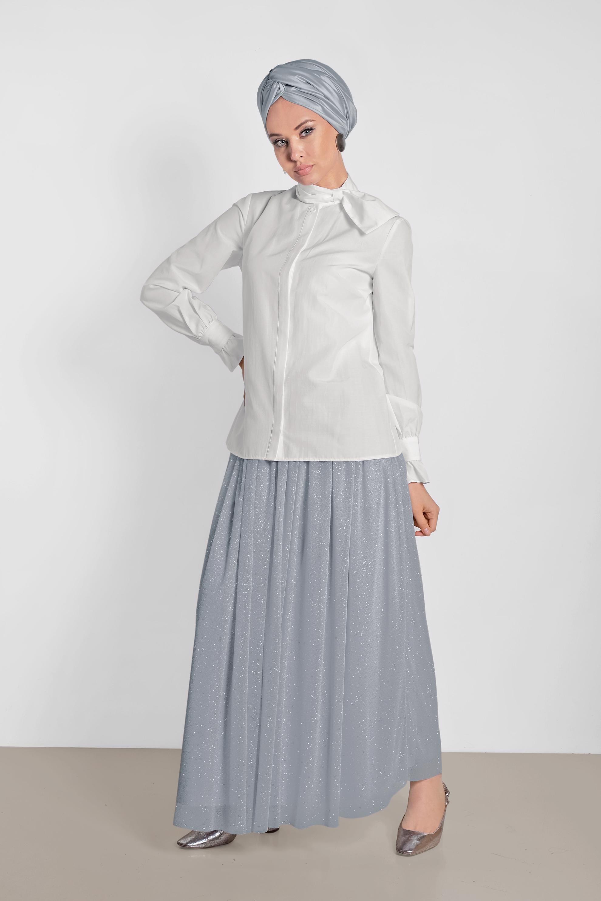 Tesettür giyim BEYAZ BOYUN DETAYLI BLUZ 4372