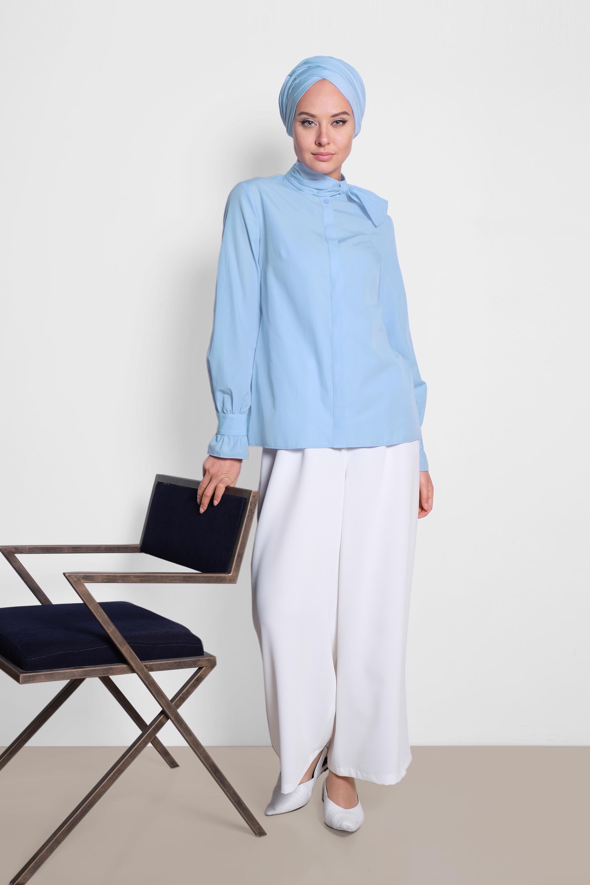 Tesettür giyim MAVİ BOYUN DETAYLI BLUZ 4372