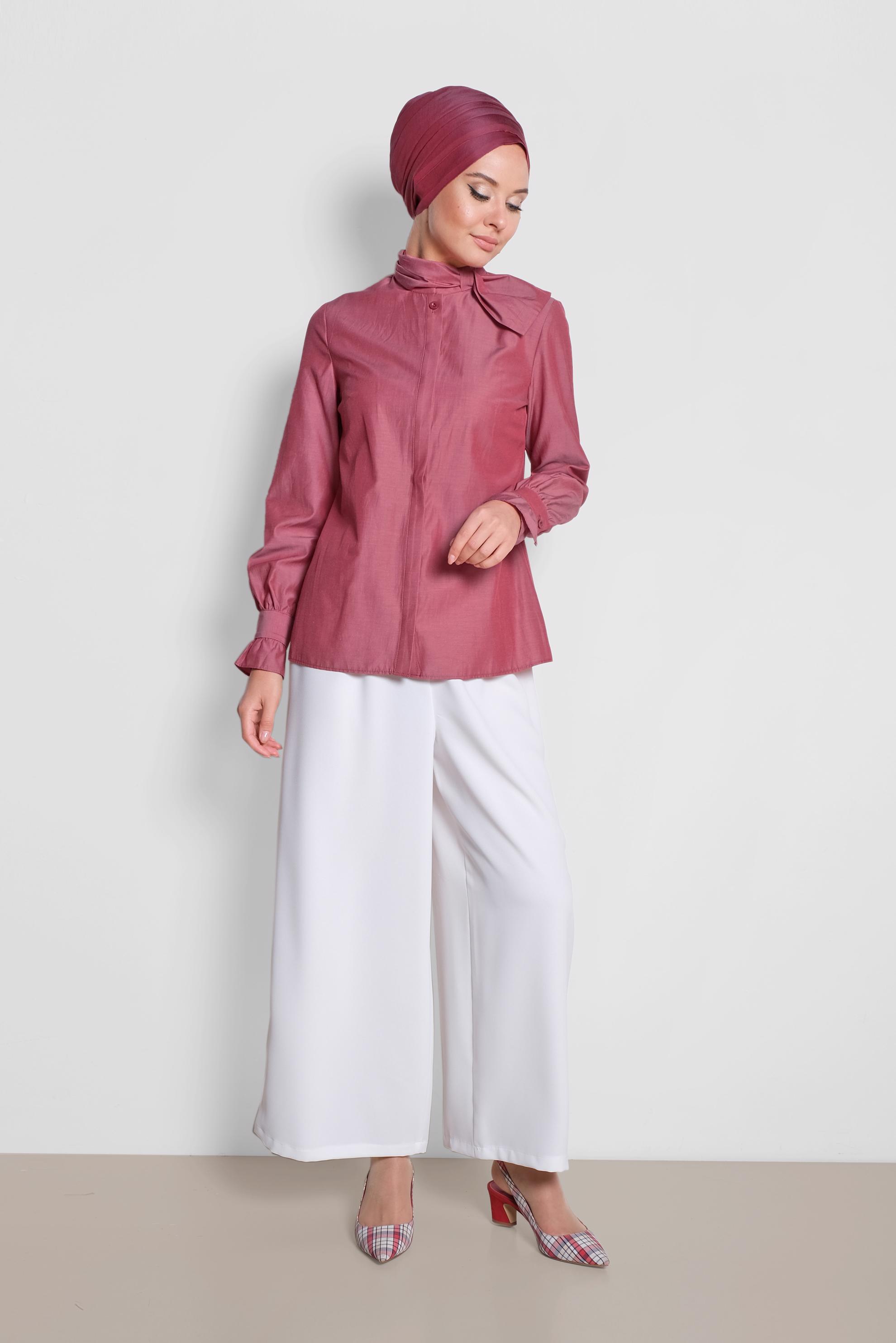 Tesettür giyim BORDO BOYUN DETAYLI BLUZ 4372