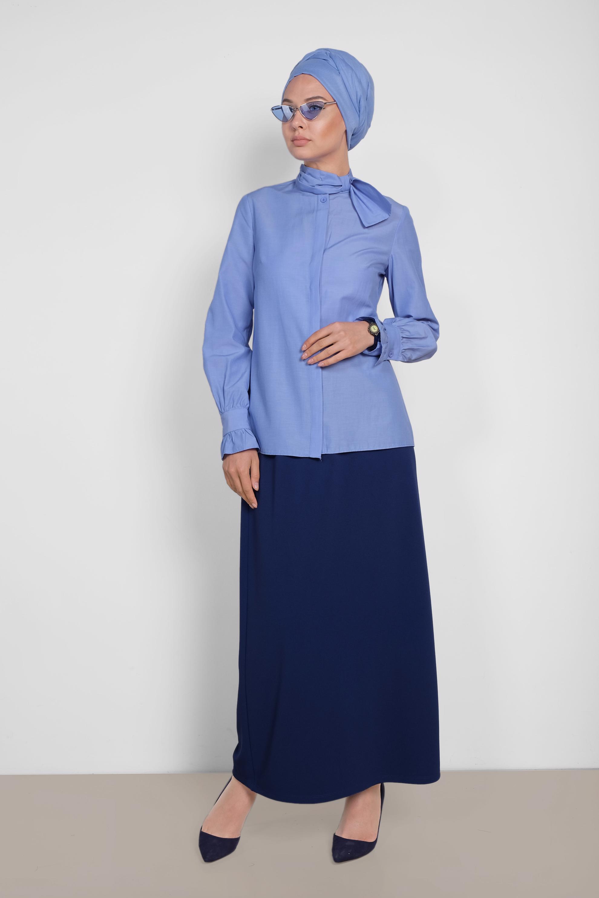 Tesettür giyim MAVİ BOYUN DETAYLI BLUZ 4372
