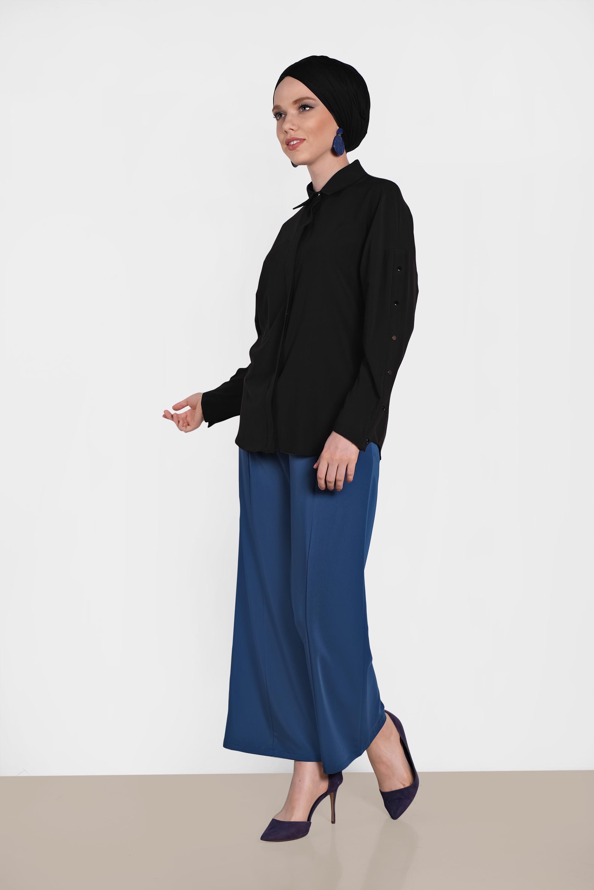 Tesettür giyim SİYAH KOLLARI ÇITÇITLI BLUZ 4431