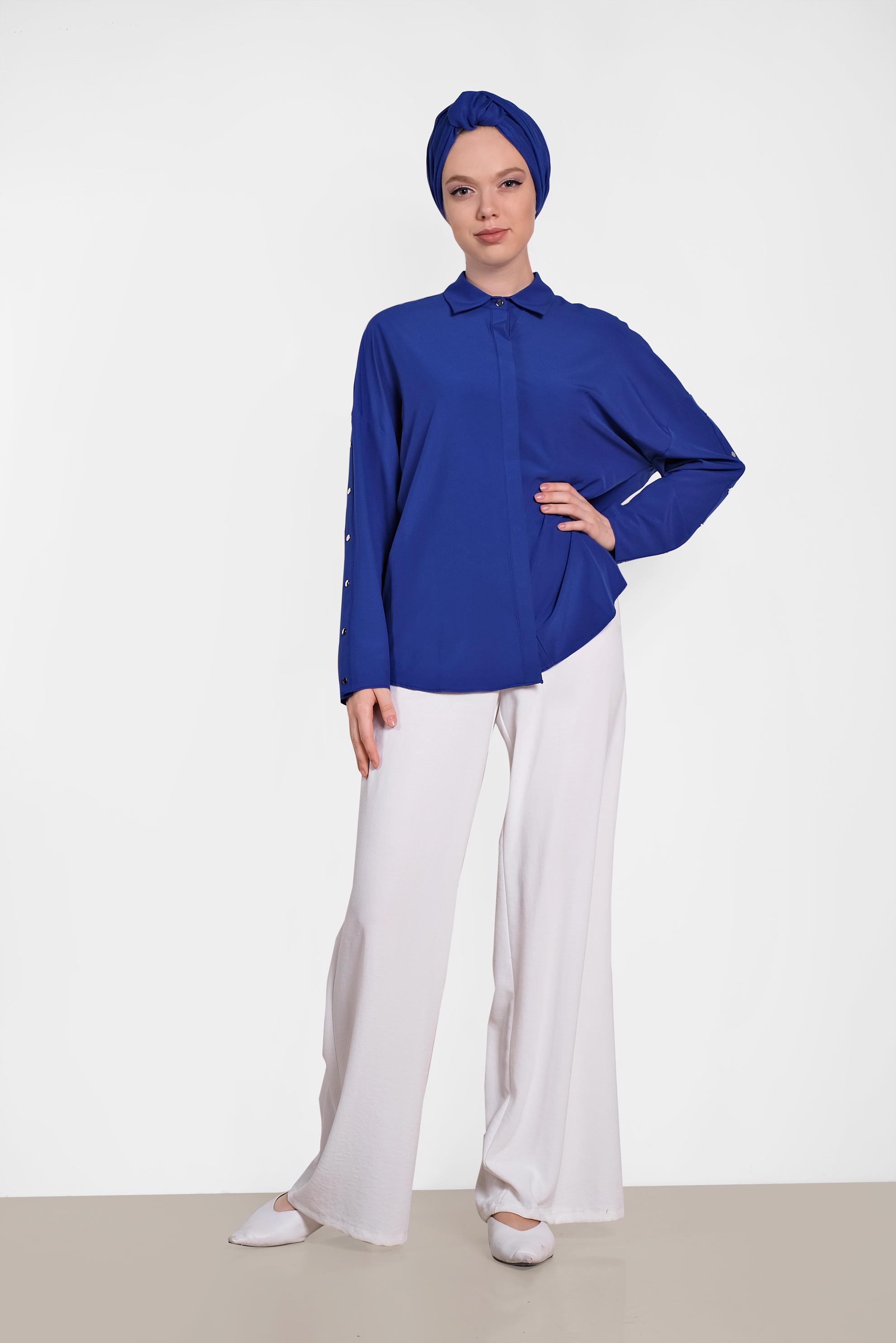 Tesettür giyim LACİVERT KOLLARI ÇITÇITLI BLUZ 4431