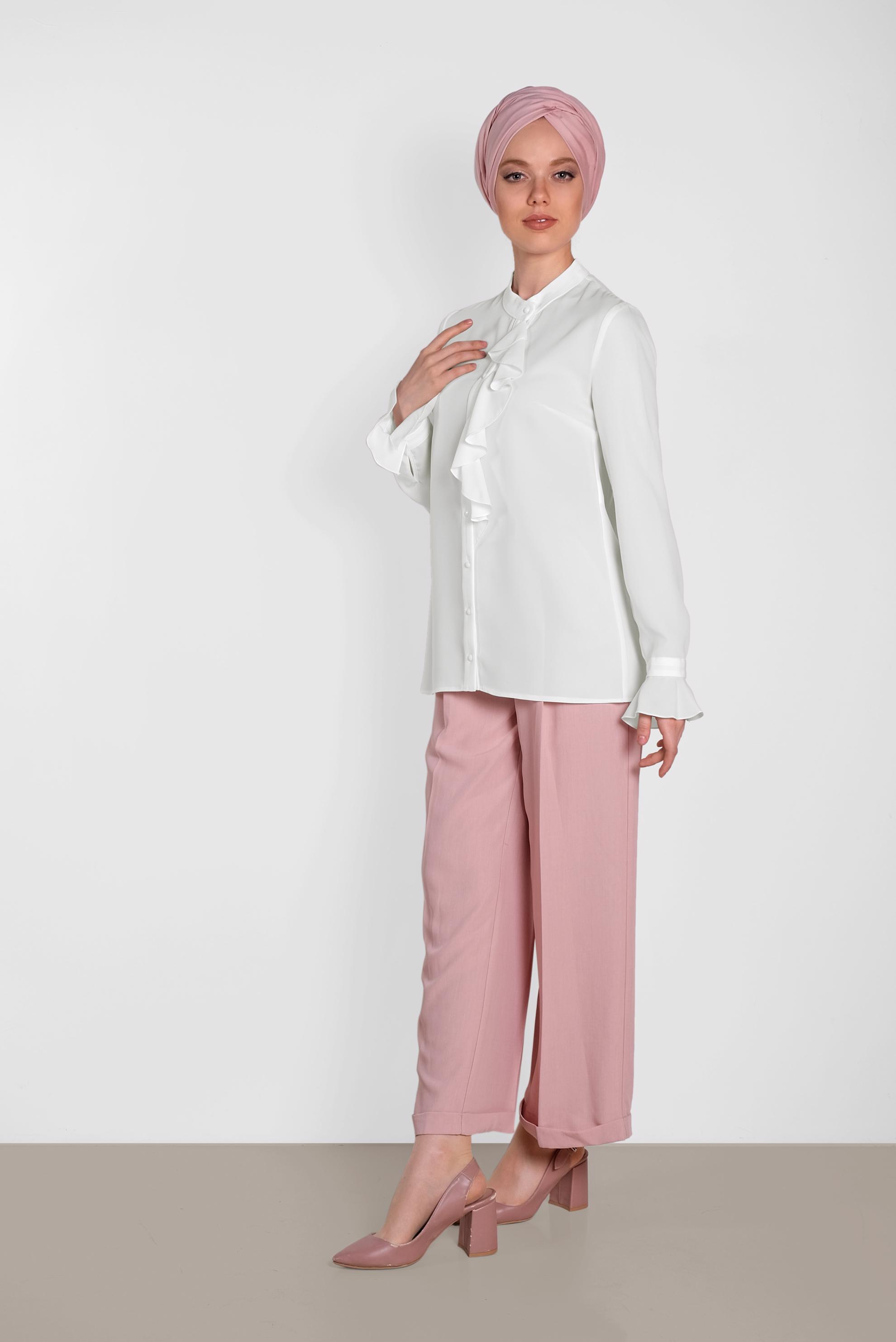 Tesettür giyim BEYAZ FIRFIR DETAYLI BLUZ 4459