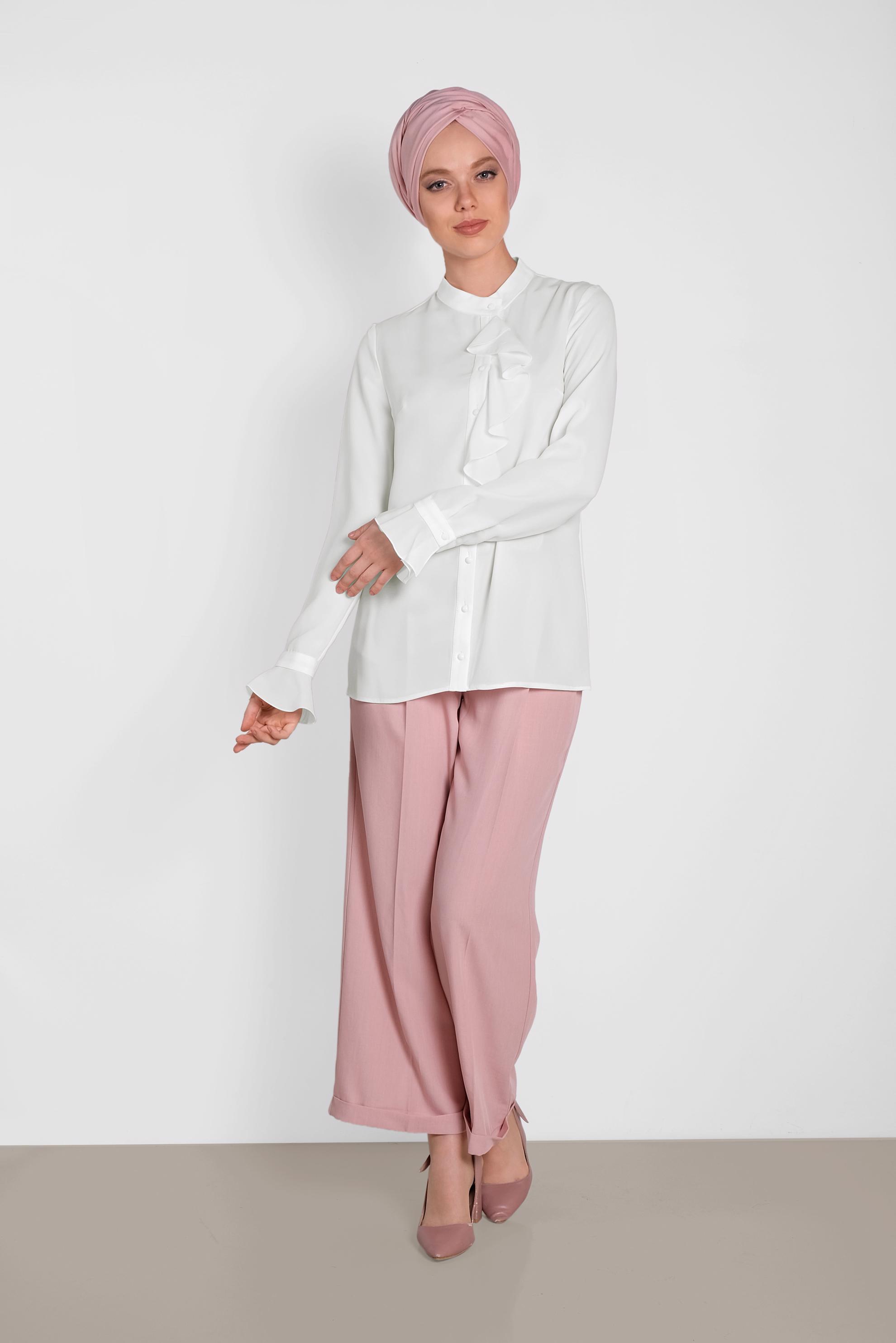 Tesettür giyim BEYAZ FIRFIR DETAYLI BLUZ 4459