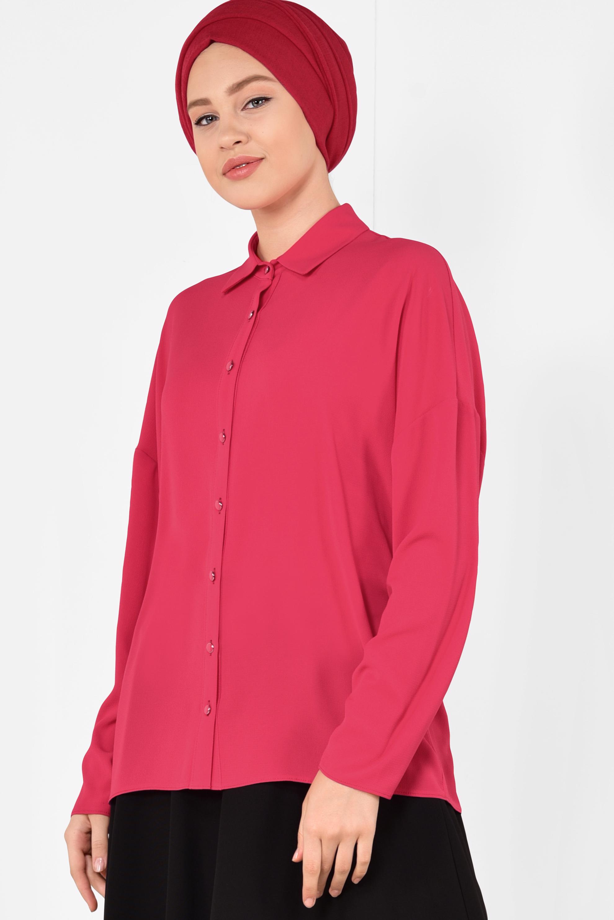 Tesettür giyim KIRMIZI ÖNDEN DÜĞMELİ KLASİK BLUZ 4887	