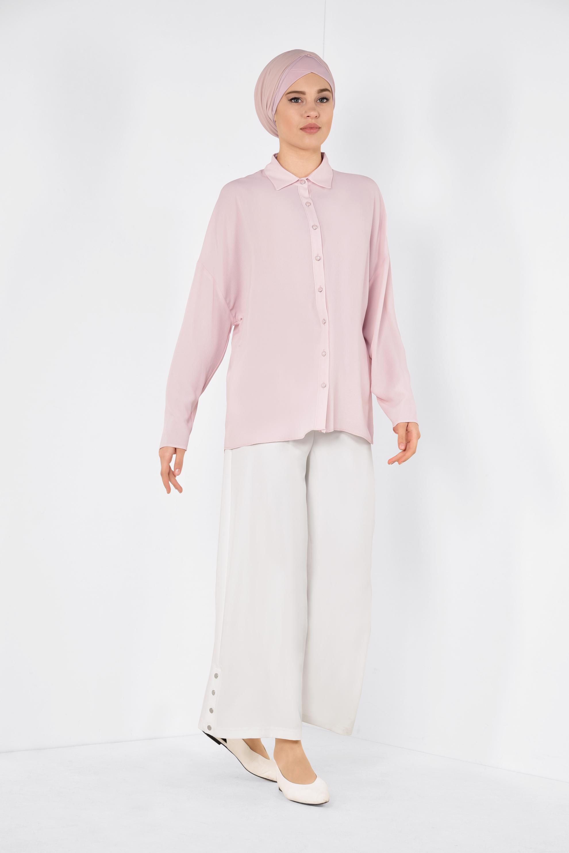 Tesettür giyim PUDRA ÖNDEN DÜĞMELİ KLASİK BLUZ 4887	