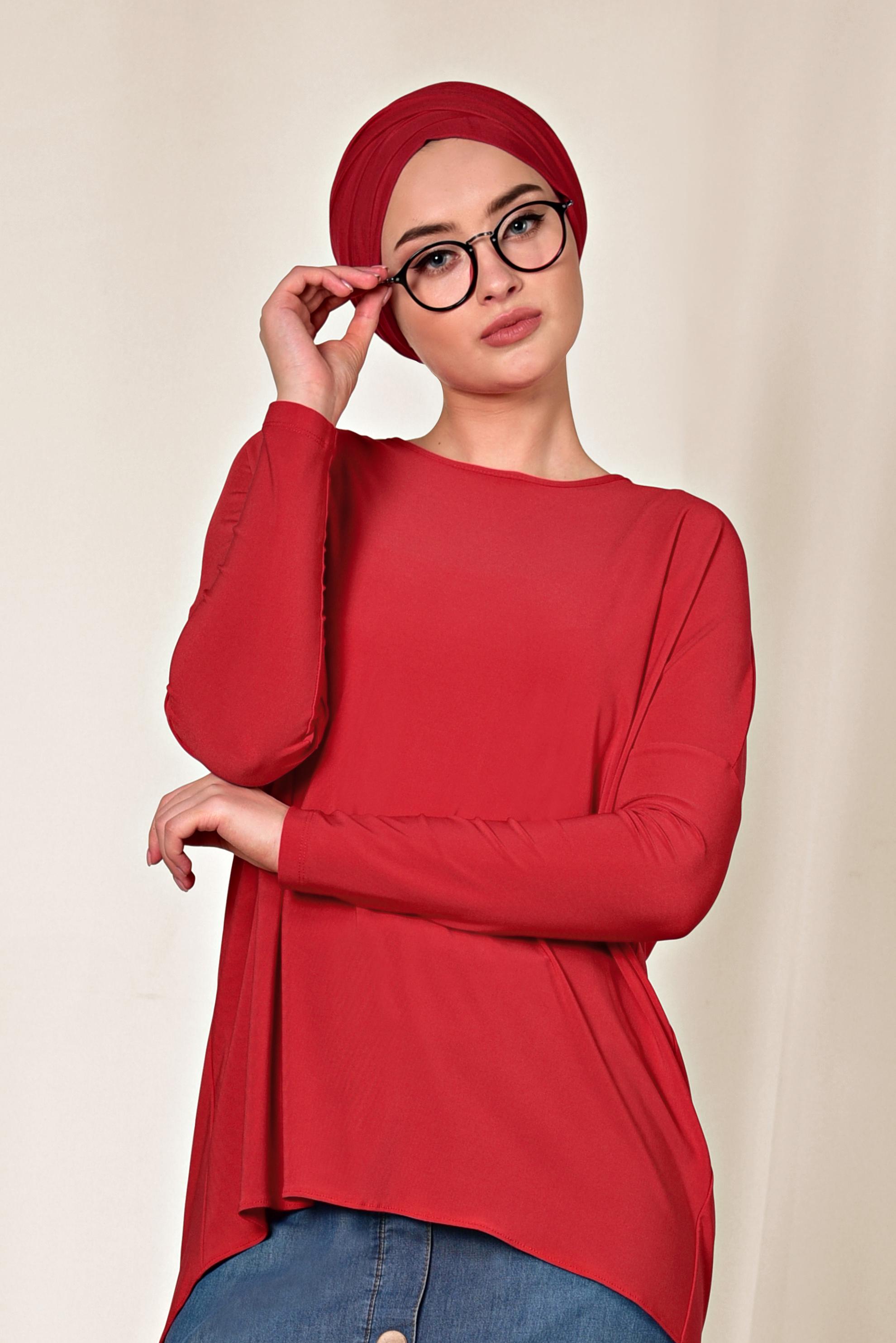 Tesettür giyim KIRMIZI ASİMETRİK KESİM BLUZ 4919